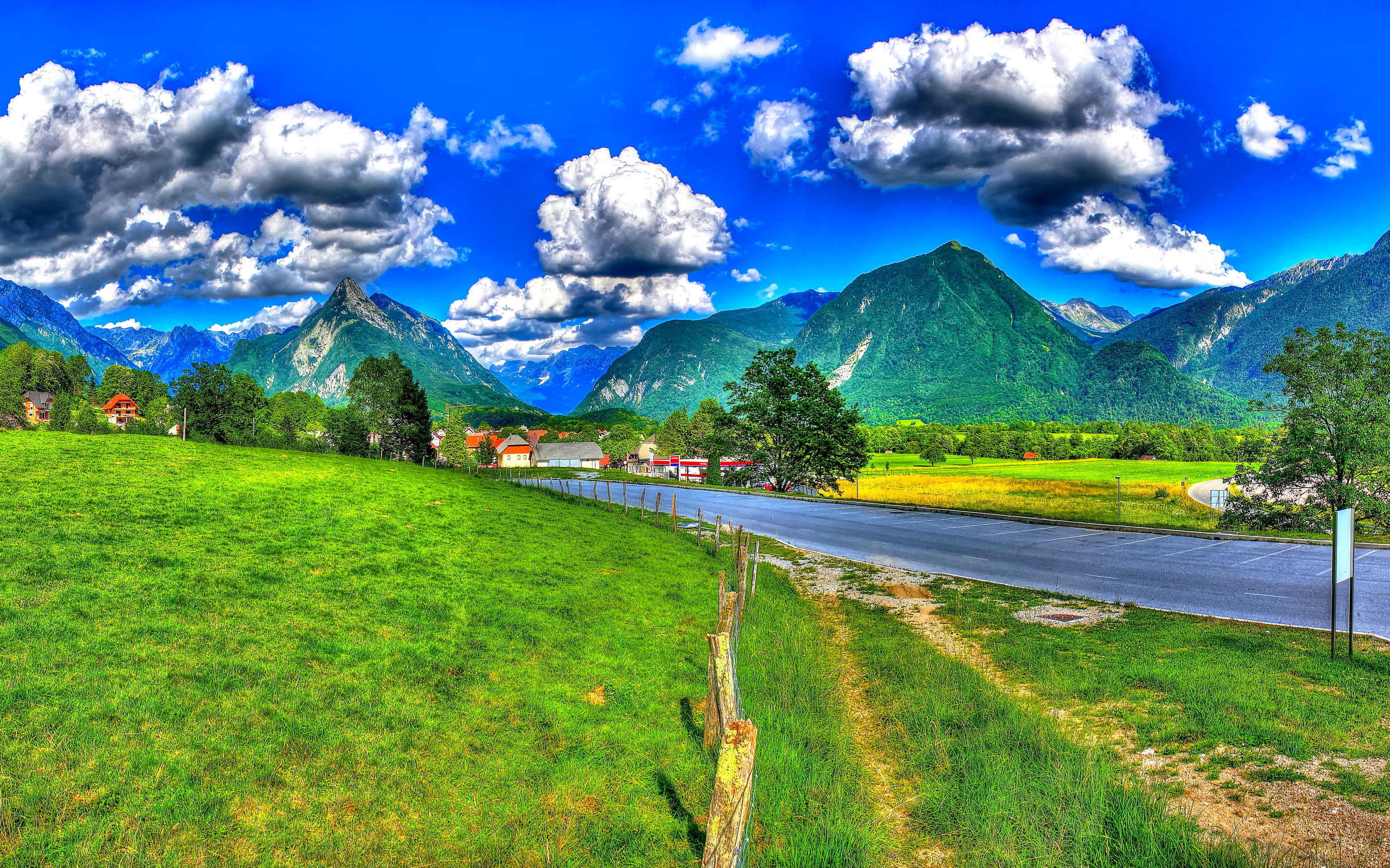 field, Slovenia, clouds, Bovec, the fence, 2K, home, mountains, Tolmin, road, trees, grass, HDR, HD Wallpaper