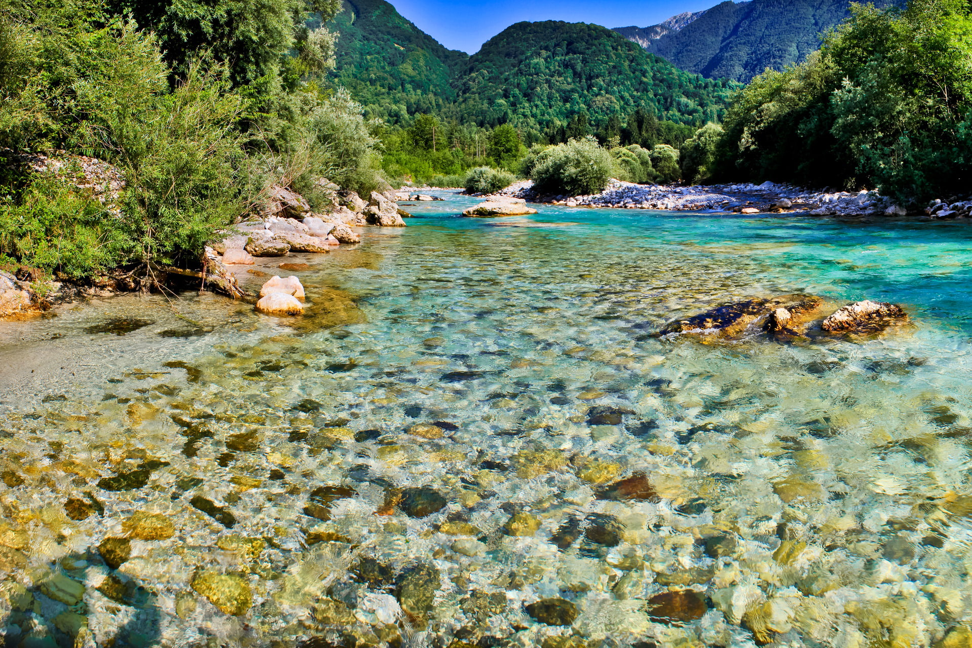 river, nature, stones, bovec, 1080P, trees, the sky, Socha, Slovenia, HD Wallpaper