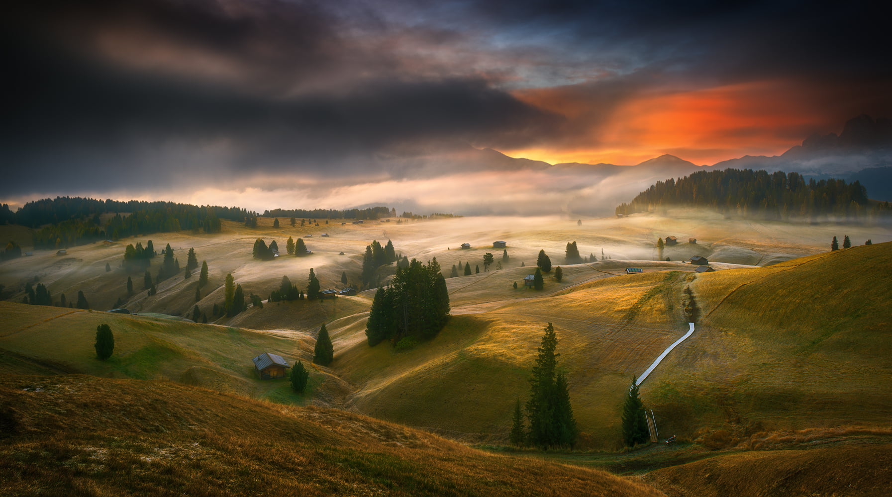 sunset, landscape, Krzysztof Browko, hill, 720P, trees, Alps, red sky, hut, mist, HD Wallpaper