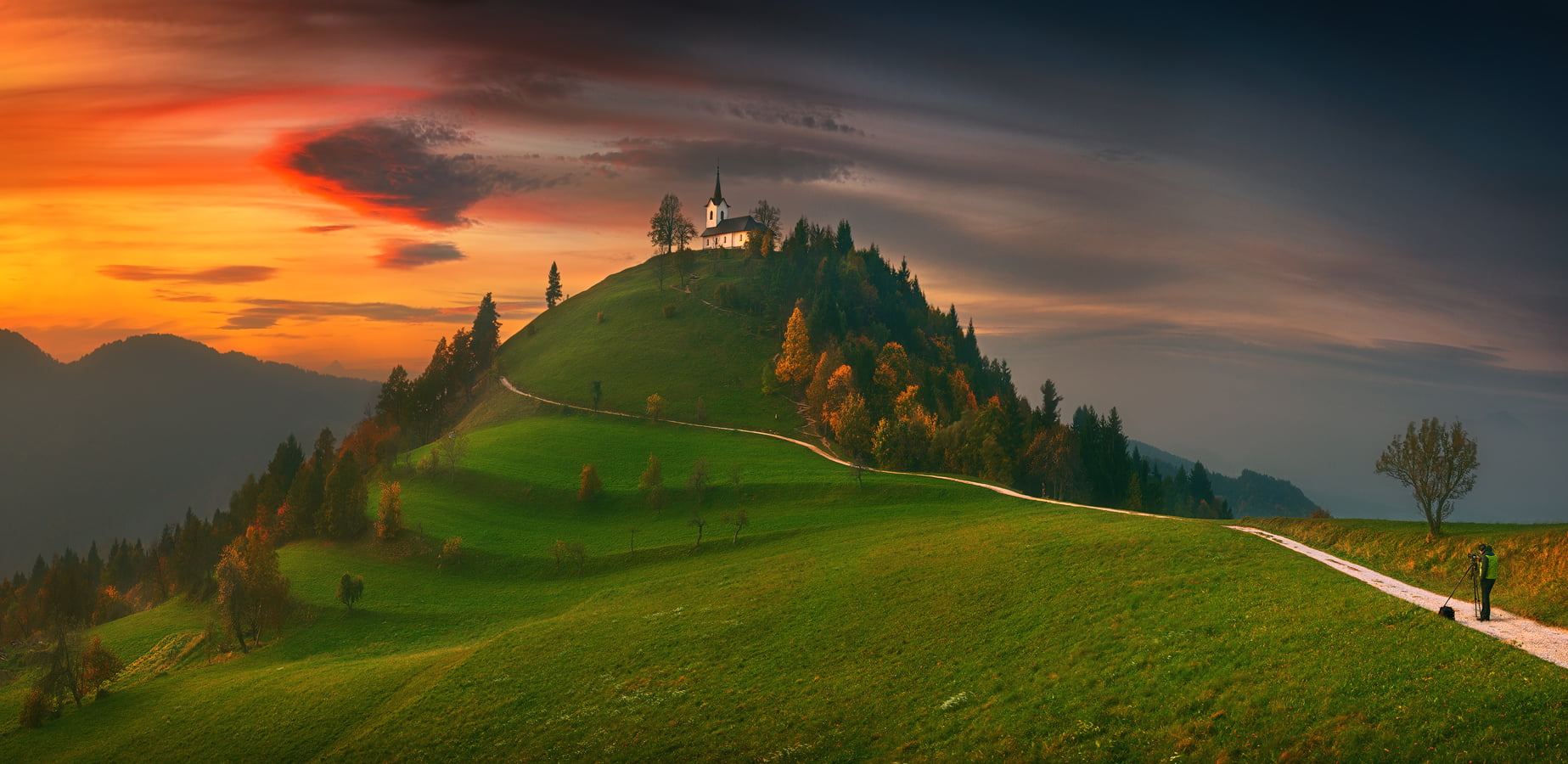 landscape, forest, peak, sky, 720P, horizon, Krzysztof Browko, road, trees, red sky, church, hill, clouds, sunset, HD Wallpaper