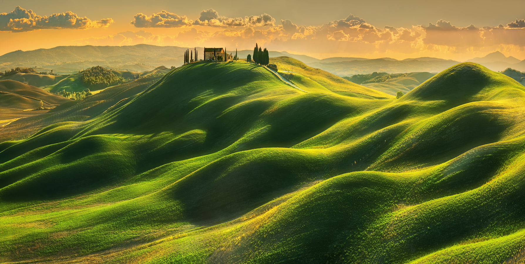 hill, horizon, Krzysztof Browko, grass, house, landscape, clouds, sunset, 720P, green, HD Wallpaper