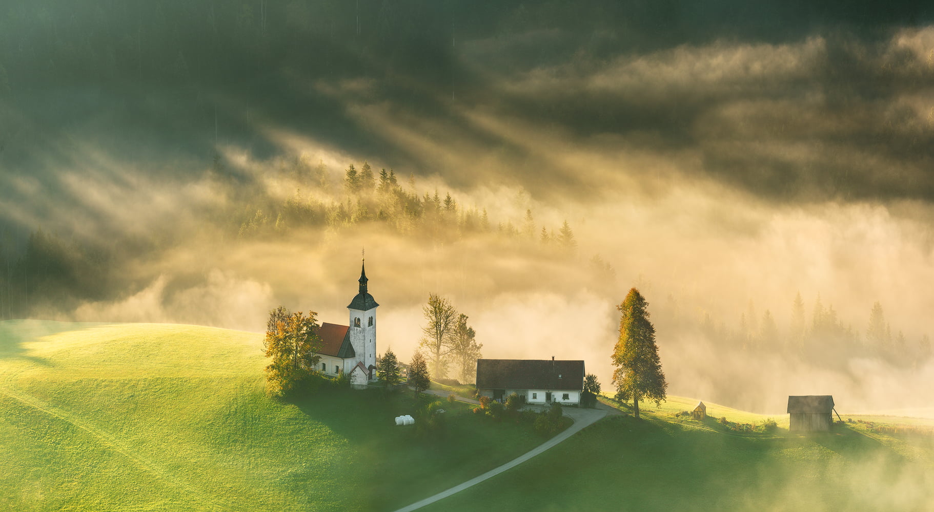 mist, trees, 720P, road, landscape, sun rays, house, Krzysztof Browko, top view, HD Wallpaper
