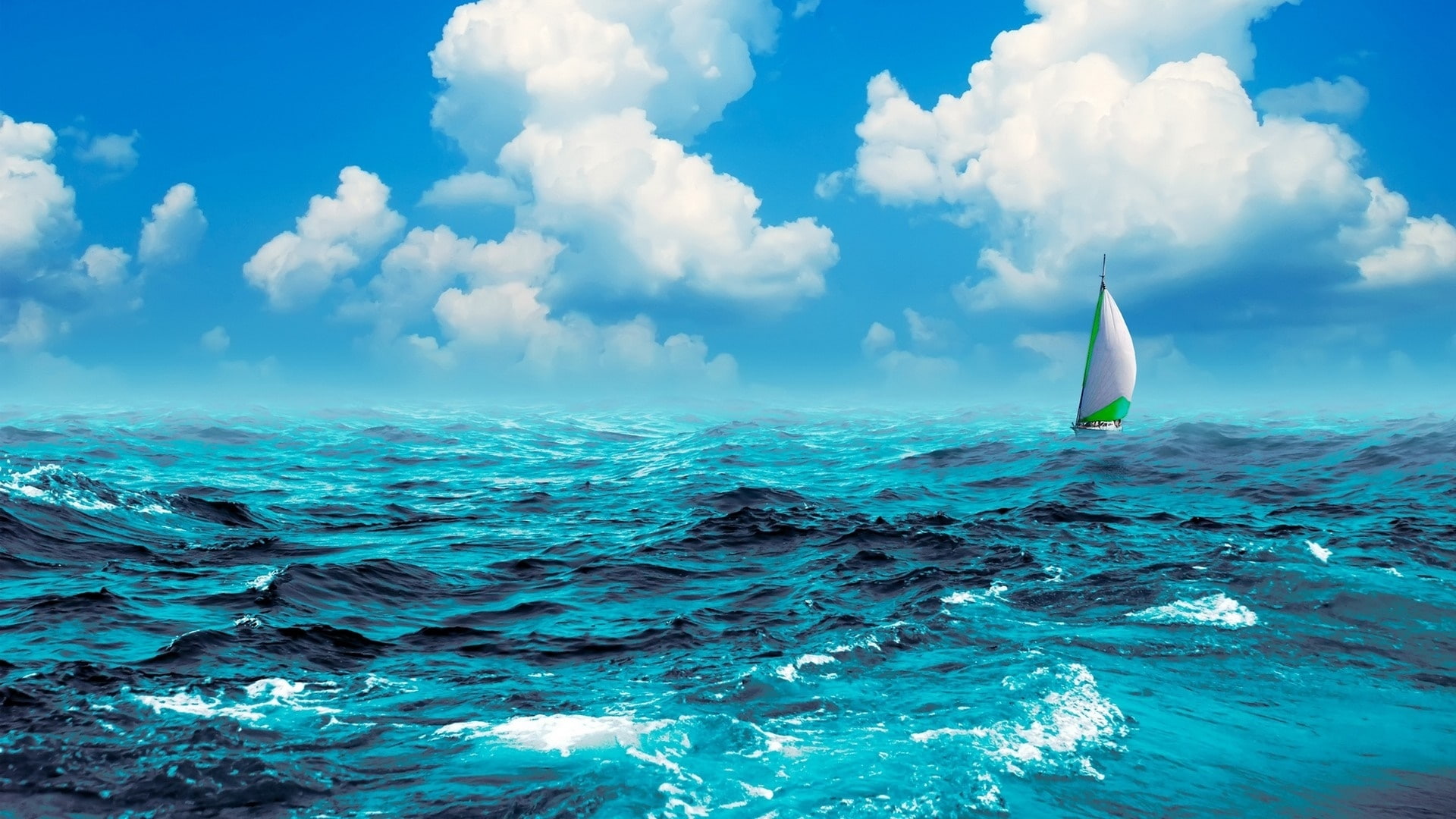 sailing, sky, sea, fluffy clouds, horizon, wind wave, sailboat, wind, blue water, ocean, wave, cloud, daytime, water, blue sea, 1080P, HD Wallpaper