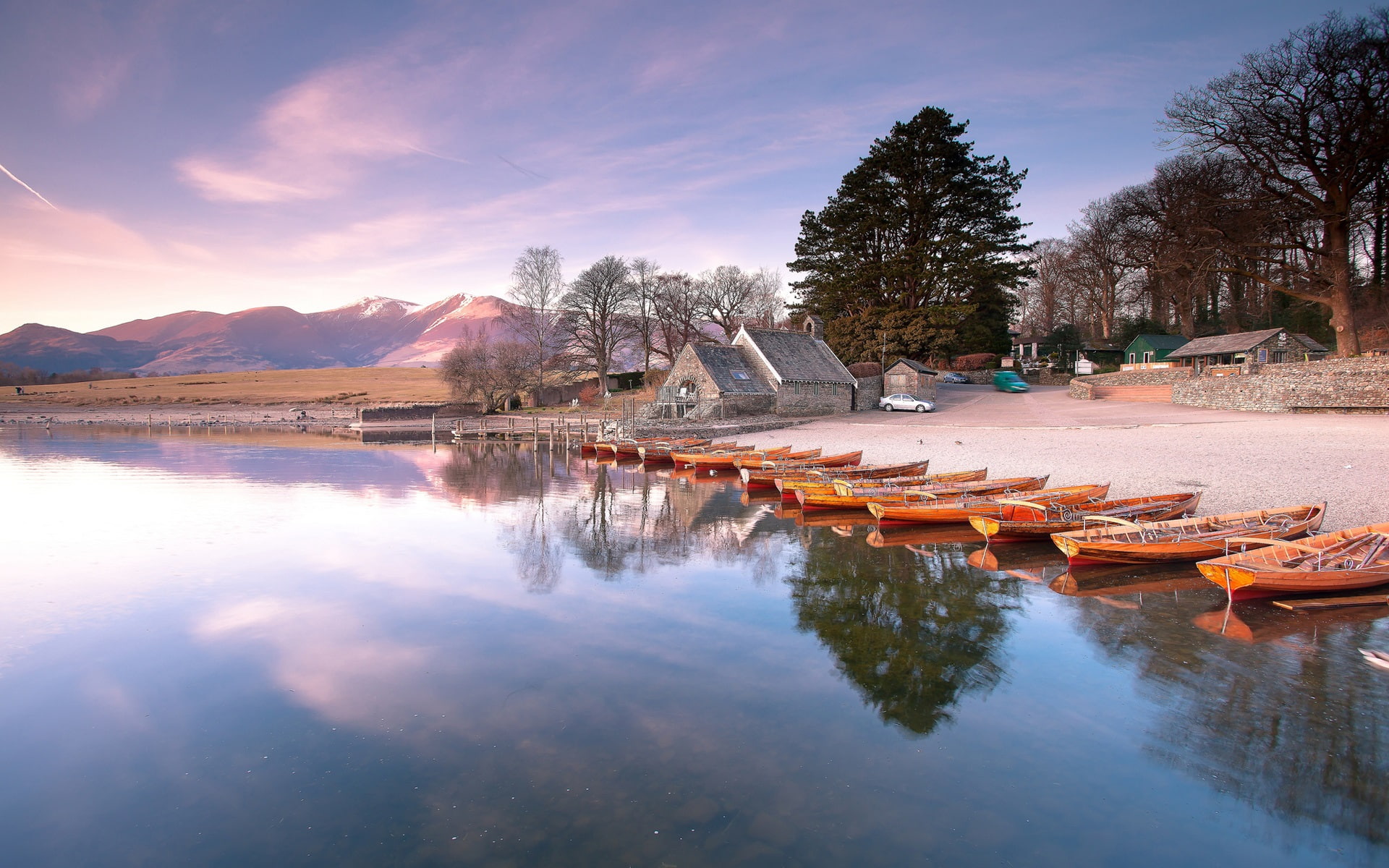 Boats, Beach, Morning, Sunrise, Lake, Houses, Trees, 1080P, HD Wallpaper