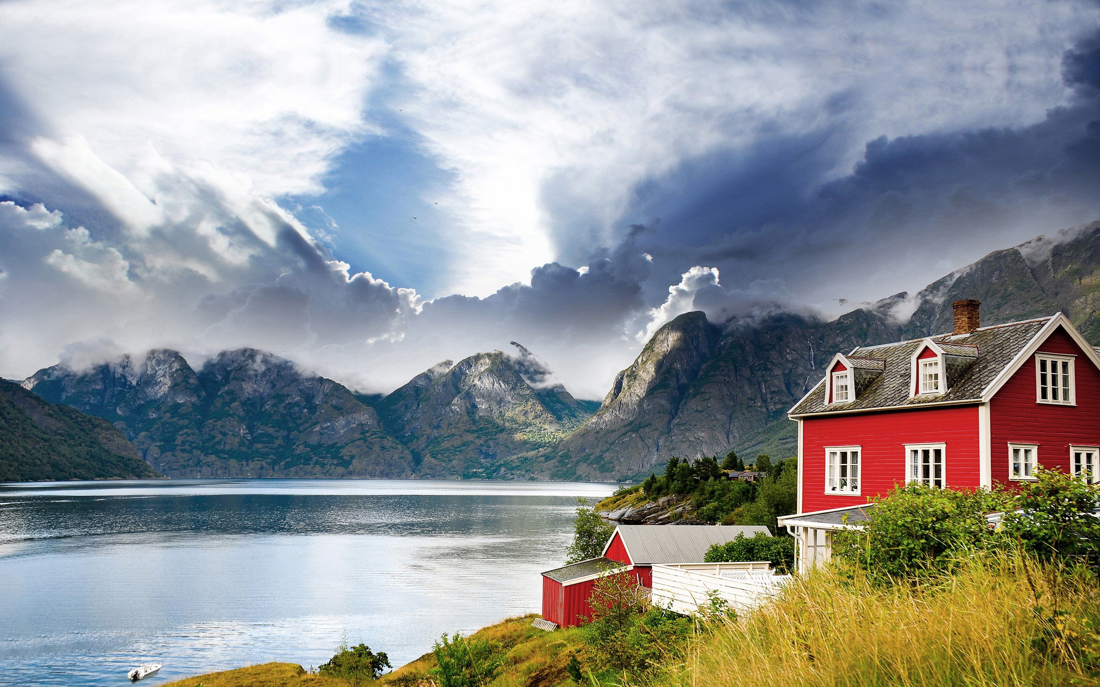 cloud - sky, mountain range, hd, tranquility, mountain, white, architecture, house, non-urban scene, 4K, building exterior, houses, no people, built structure, HD Wallpaper