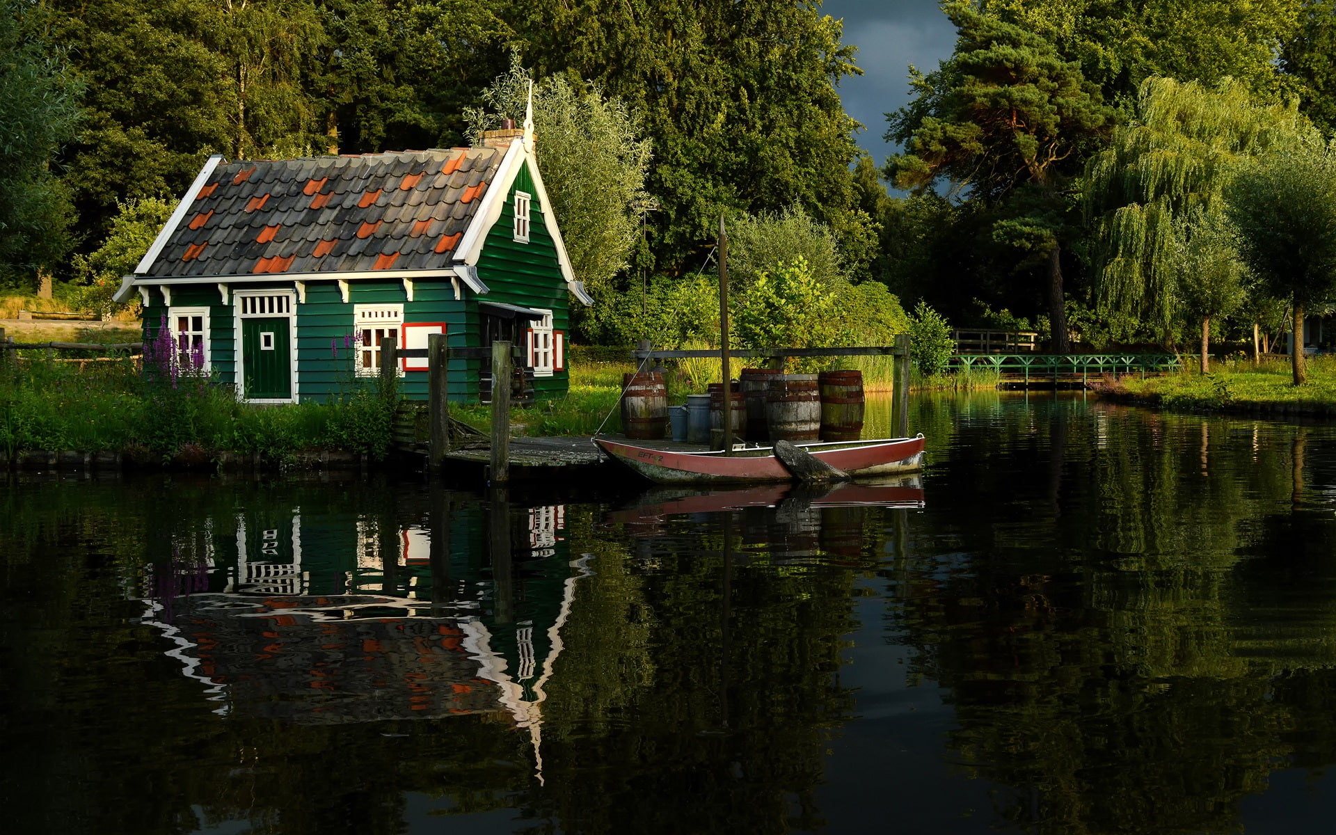 Summer, Trees, Pier, Wood, 1080P, Park, House, Boat, River, Pond, HD Wallpaper
