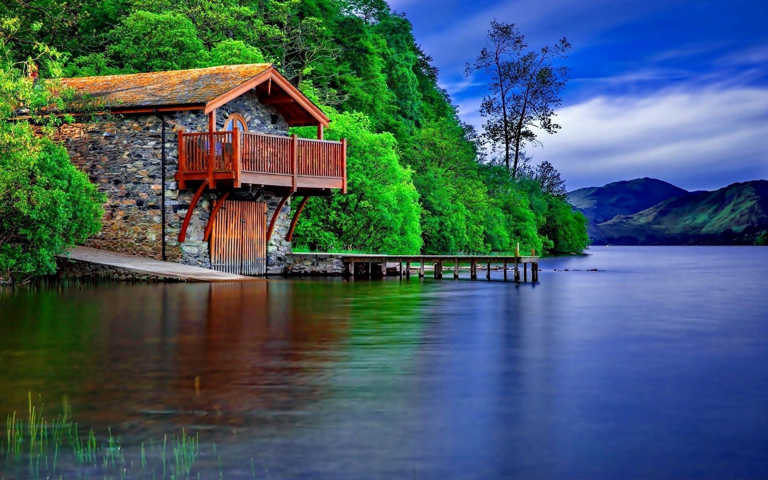 sky, clouds, terrace, green, port, lake, mountains, house, stone, boats, white, wooden, shore, dock, 2K, forest, HD Wallpaper