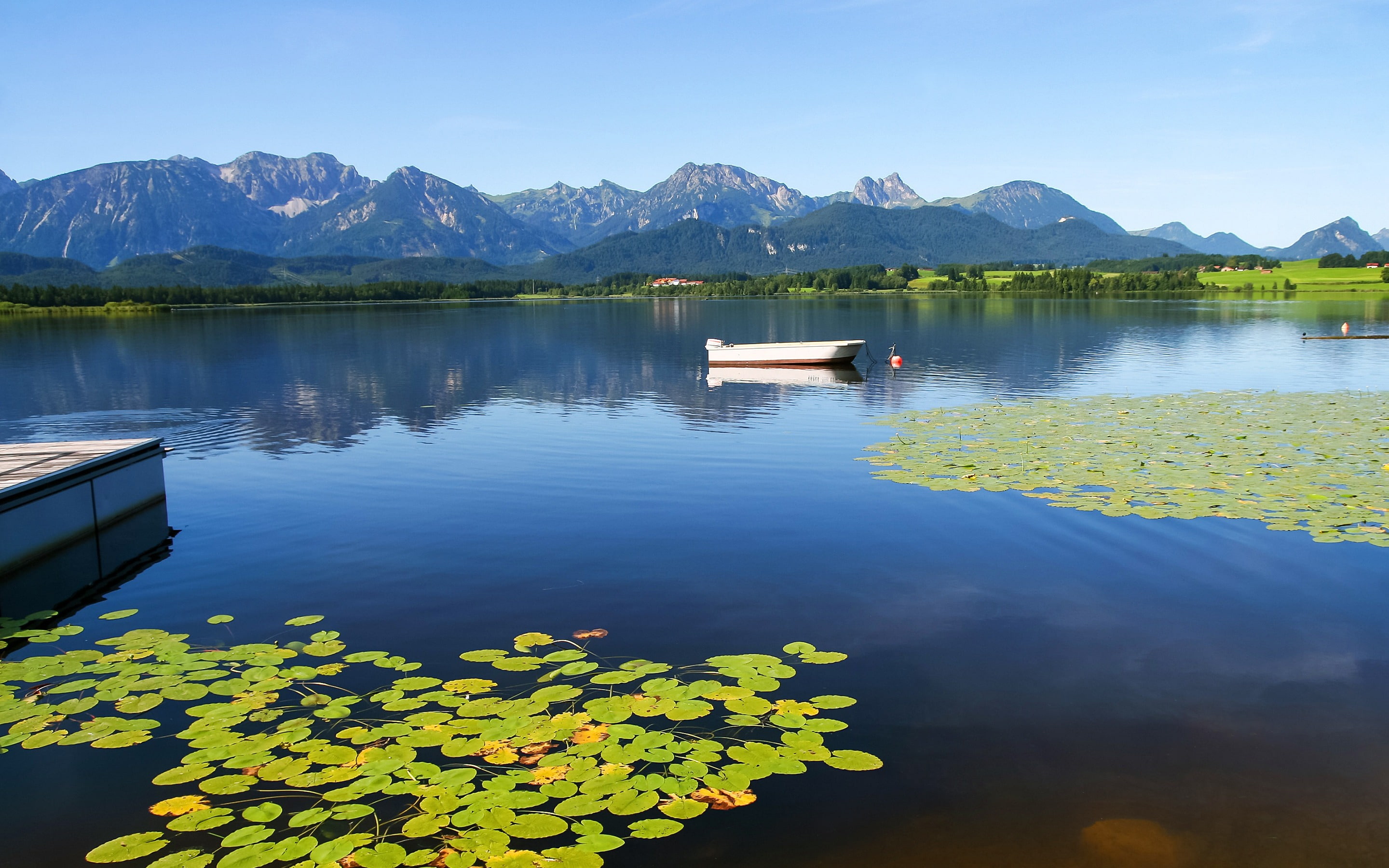 sky, boat, mountain, floating on water, tranquility, 2K, tranquil scene, non-urban scene, blue, scenics - nature, floating, outdoors, reflection, plant, HD Wallpaper