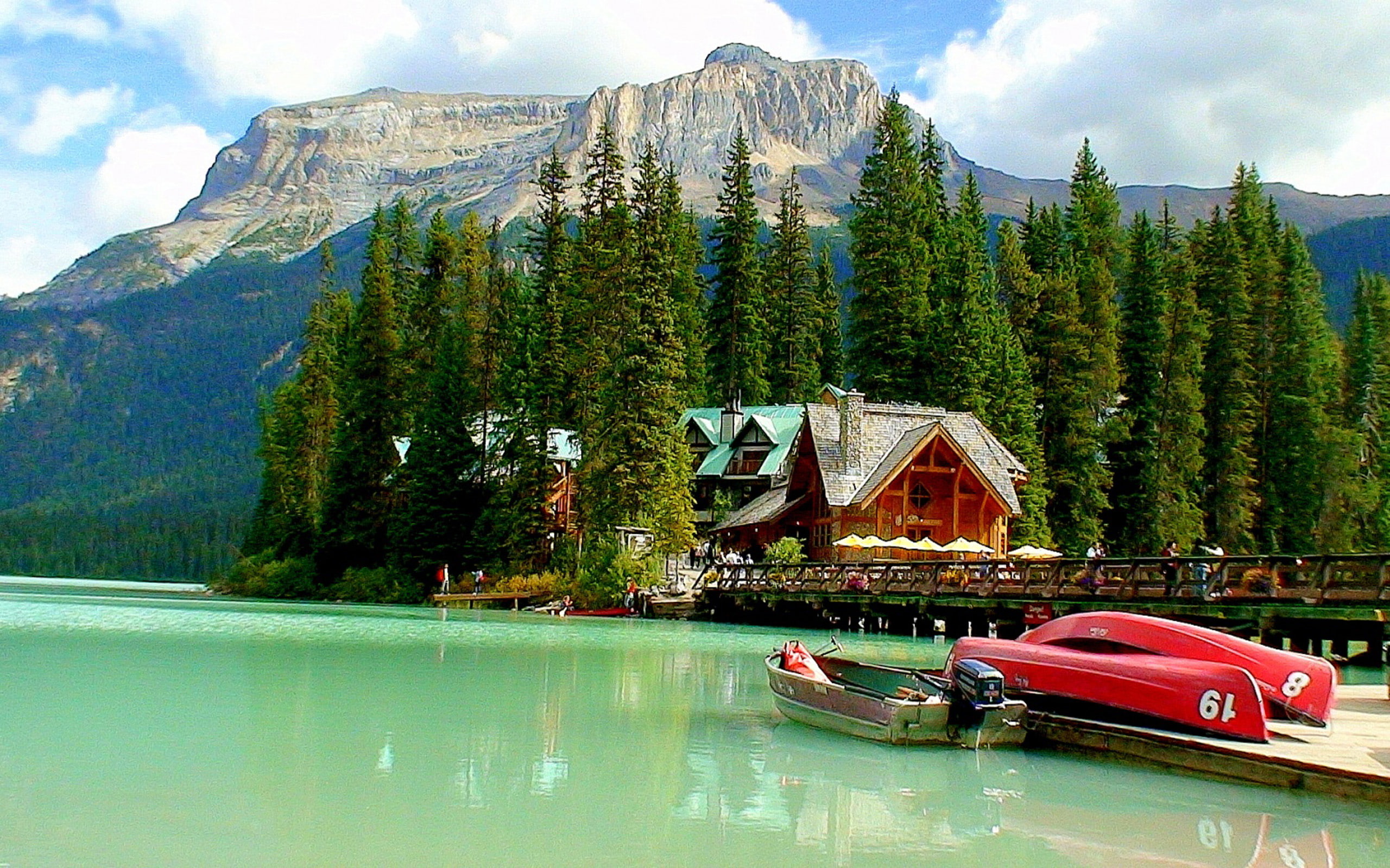 forest, mountain, pine, boats, lake, house, 2K, HD Wallpaper