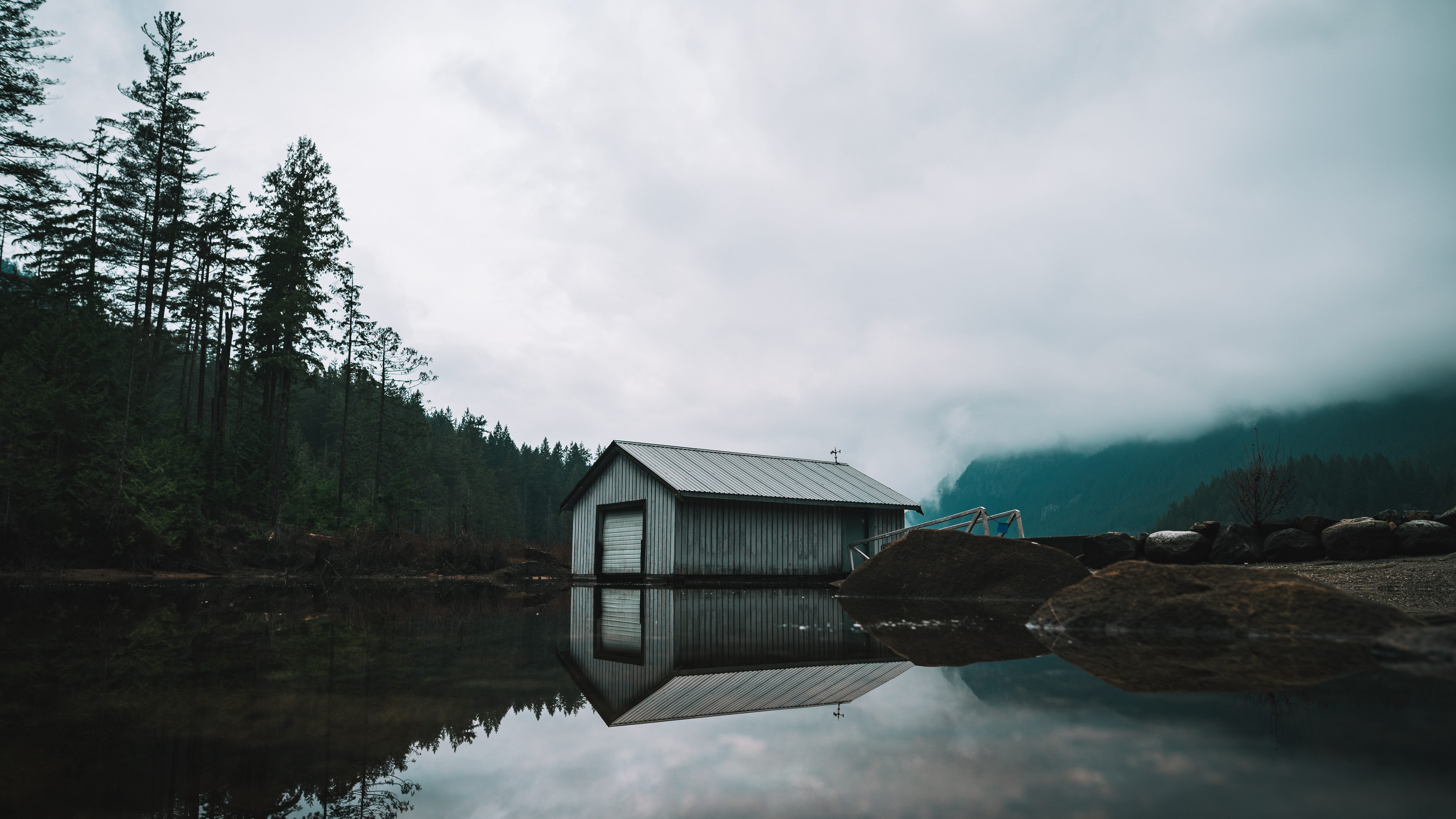 building exterior, boat, tranquility, beauty in nature, near, architecture, outdoors, house, fog, scenics - nature, day, cloud - sky, built structure, shed, HD Wallpaper