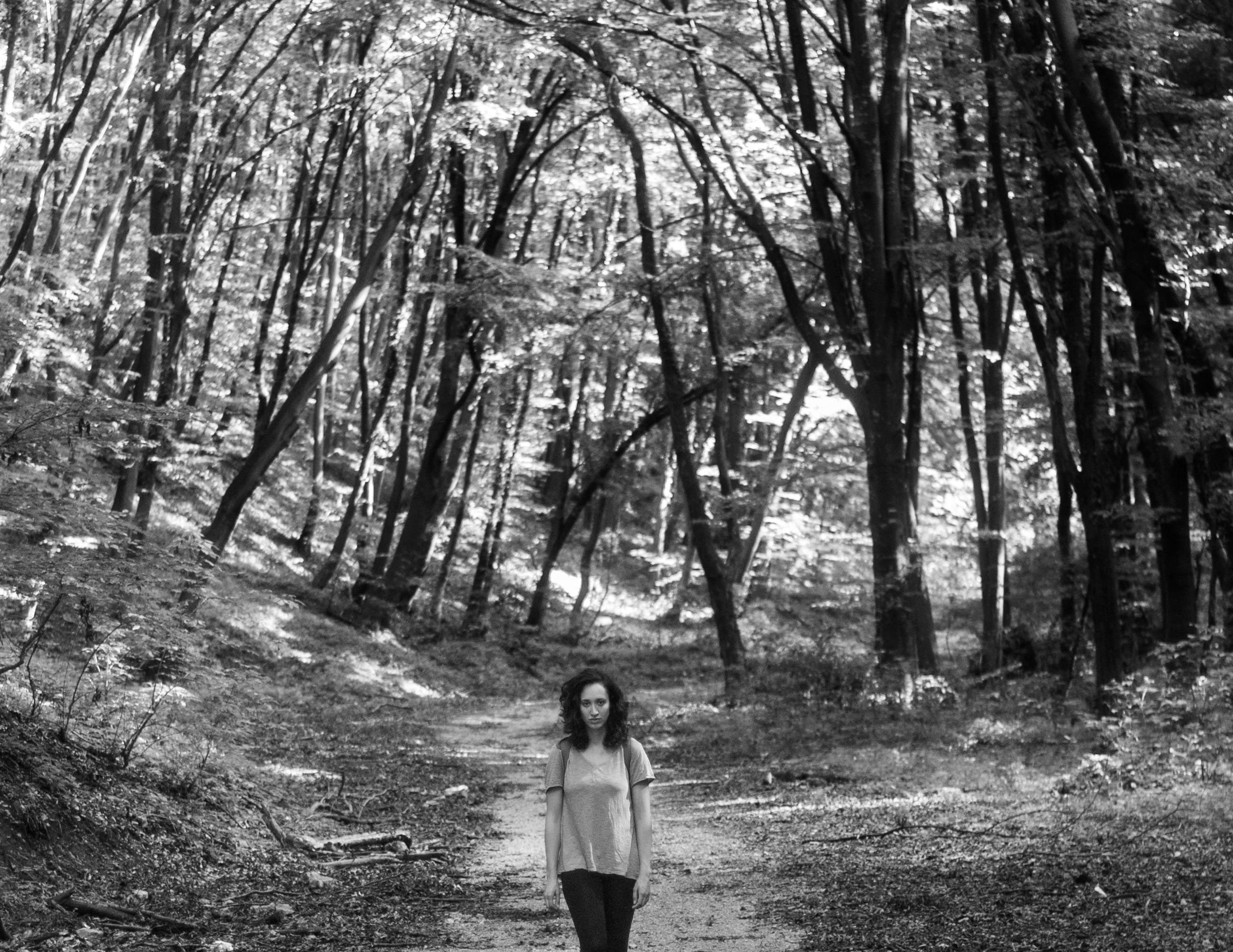 forest, person, standing, women, woman, high contrast, non-urban scene, tree trunk, plant, nature, real people, trees, growth, hairstyle, young adult, HD Wallpaper