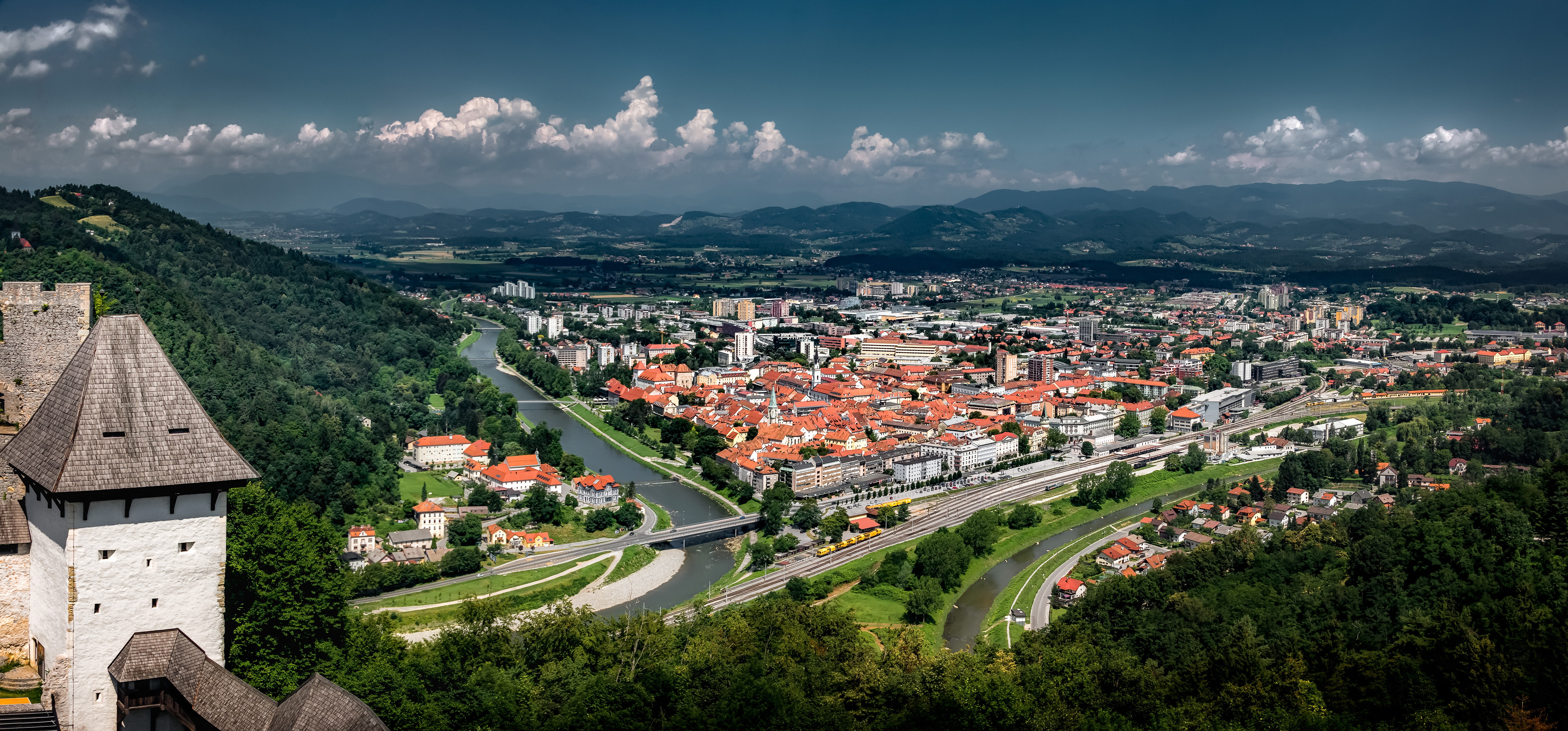 Slovenia, mountains, panorama, building, river, Celje, 5K, HD Wallpaper