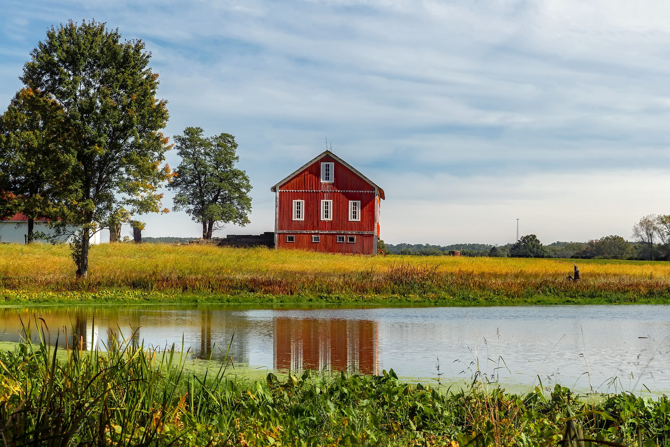 cloud - sky, clouds, sky, rural, beauty in nature, agriculture, tree, near, green color, red, house, nature, water, field, architecture, scenics - nature, HD Wallpaper