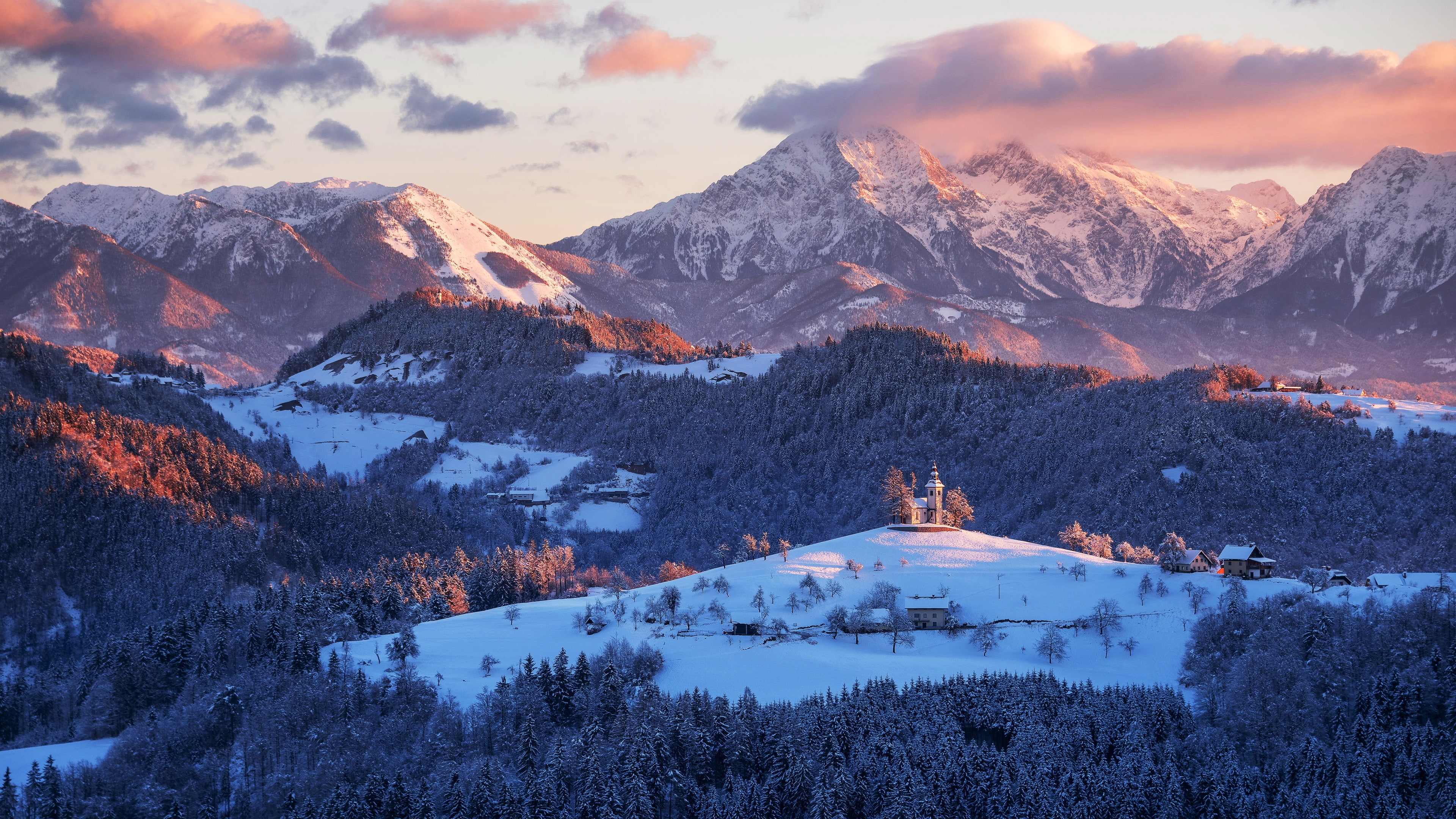 winter, alps, cloud, nature, mountain range, 4K, slovenia, st. thomas church, slovenian alps, countryside, carniola, europe, snow, skofja loka, sveti tomaz, HD Wallpaper