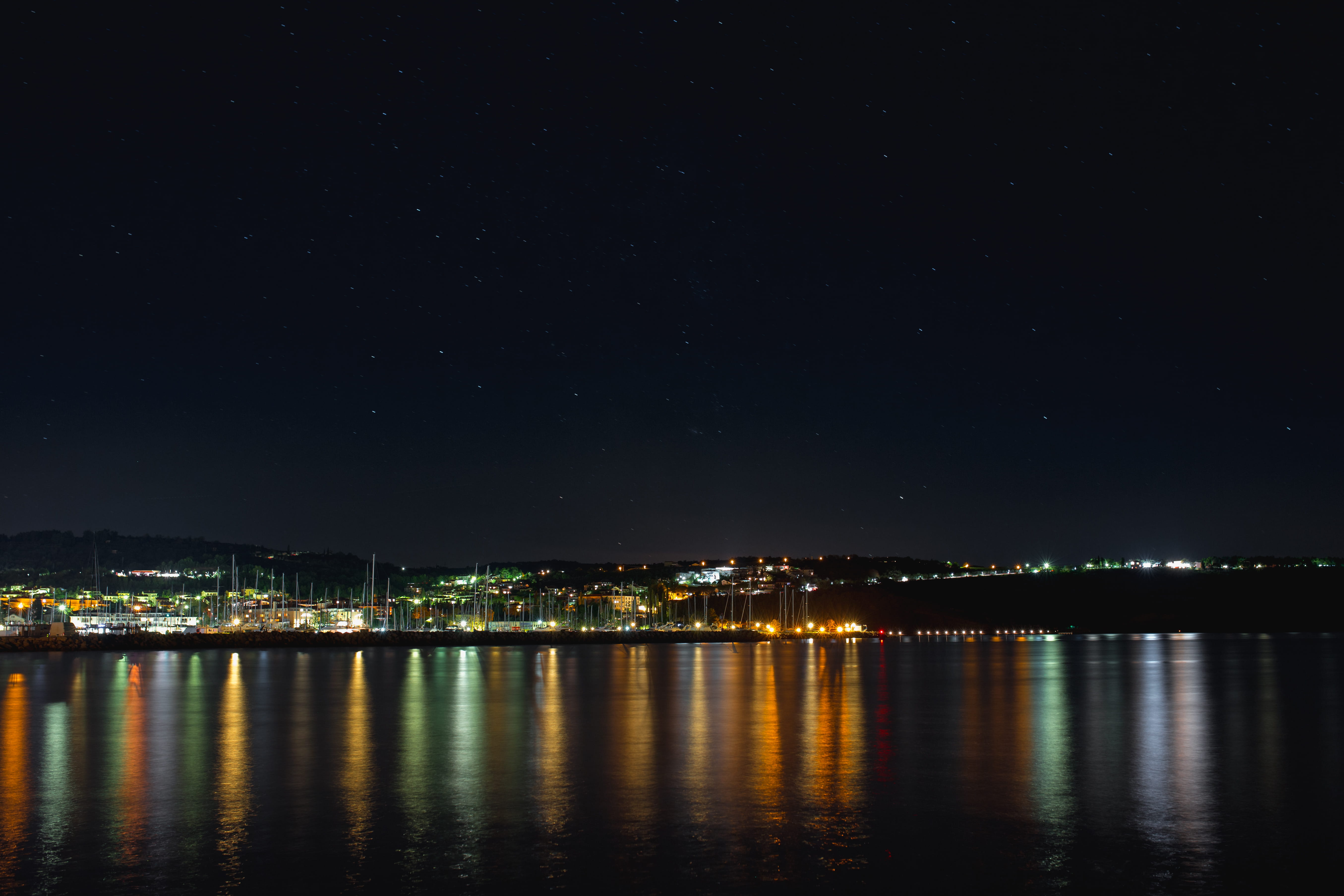 waterscape, river, no people, illuminated, astronomy, starry sky, outdoors, night lights, waterfront, cityscape, slovenia, built structure, building, reflection, HD Wallpaper