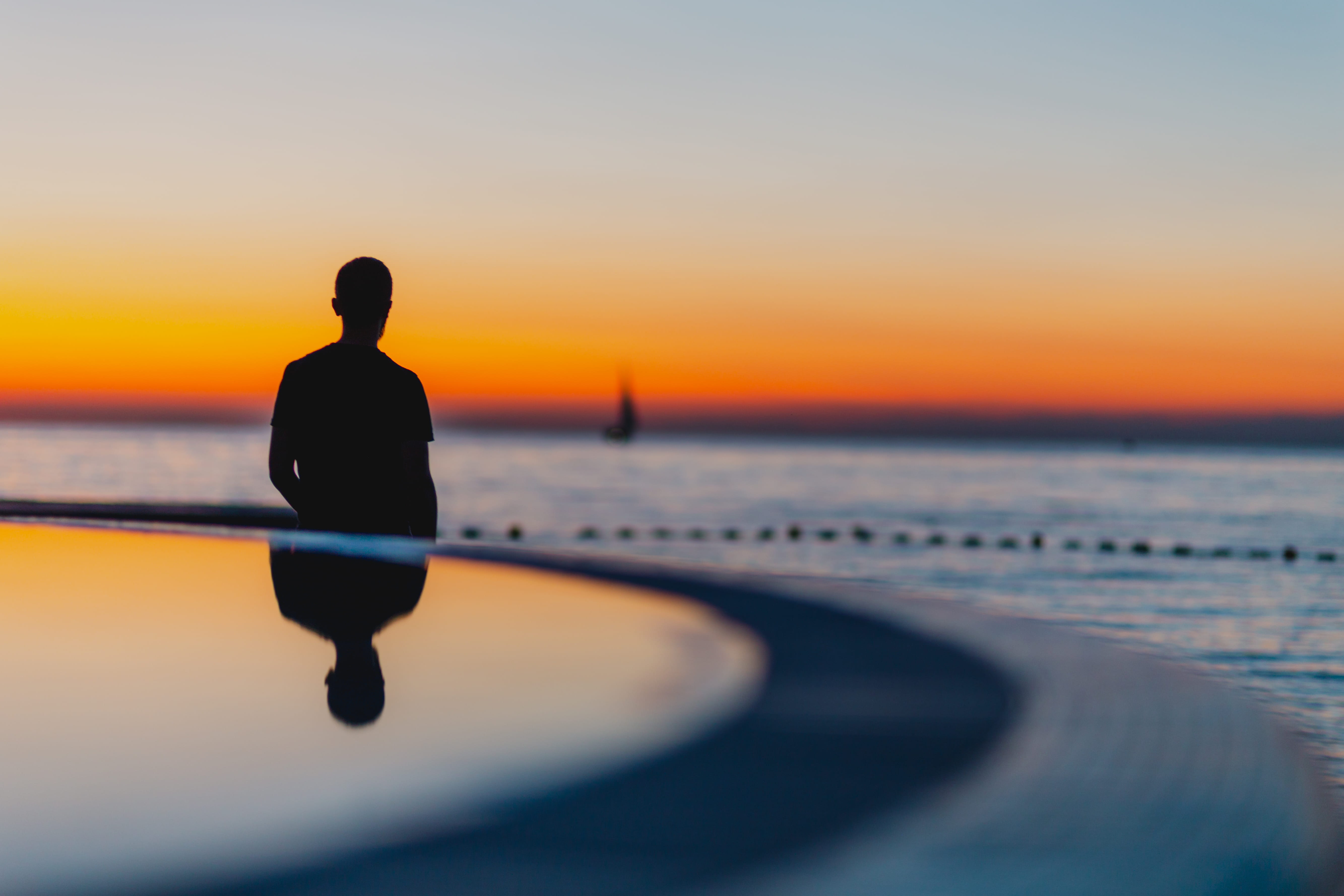 horizon, outdoors, gradient, one person, silhouette, person, sport, lifestyles, leisure activity, somebody, nostalgia, stranger, sea, slovenia, sunset, HD Wallpaper
