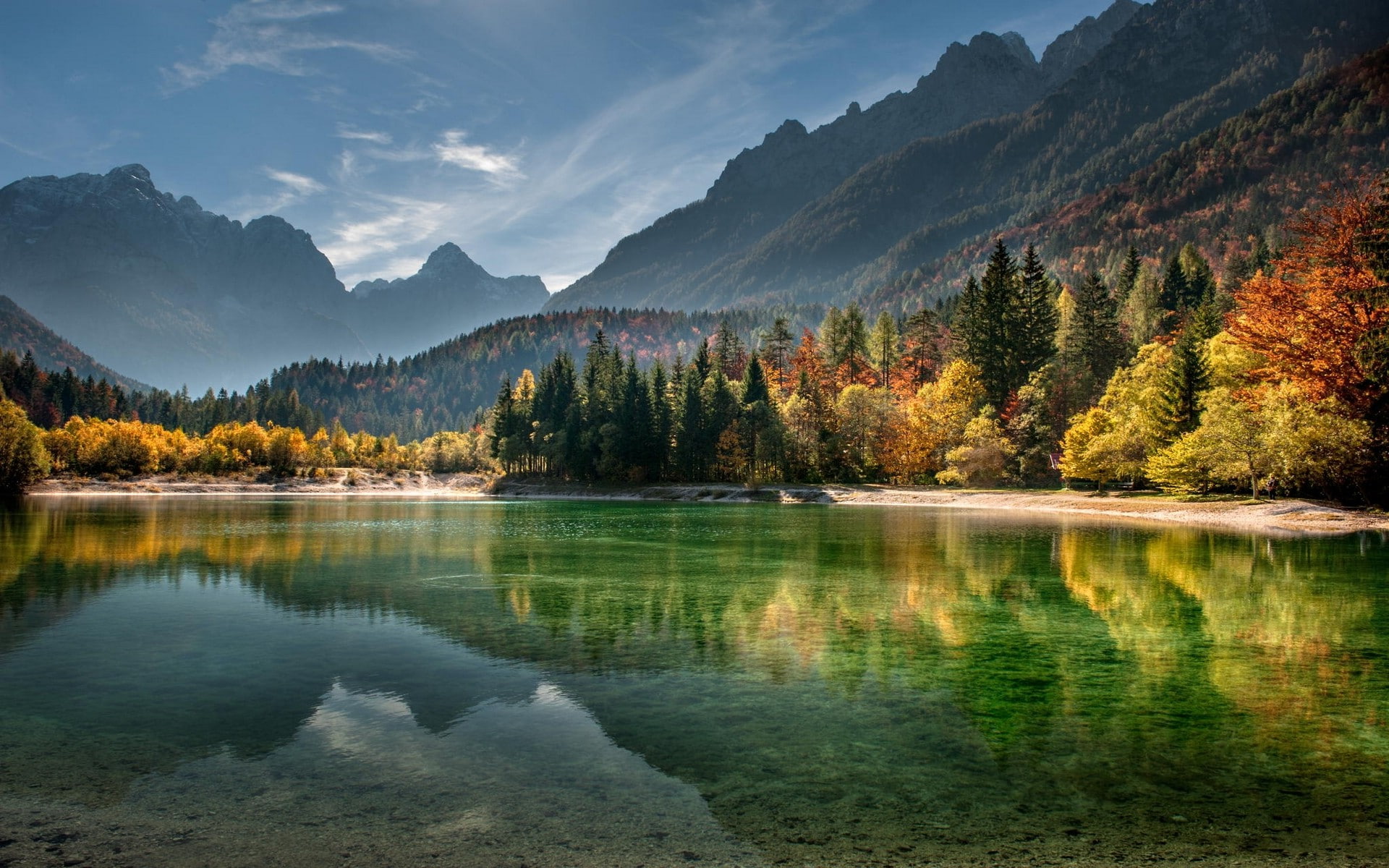 water, cloud - sky, forest, 1080P, mountain, tree, nature, tranquility, tranquil scene, beach, sunset, lake, non-urban scene, reflection lake, beauty in nature, HD Wallpaper