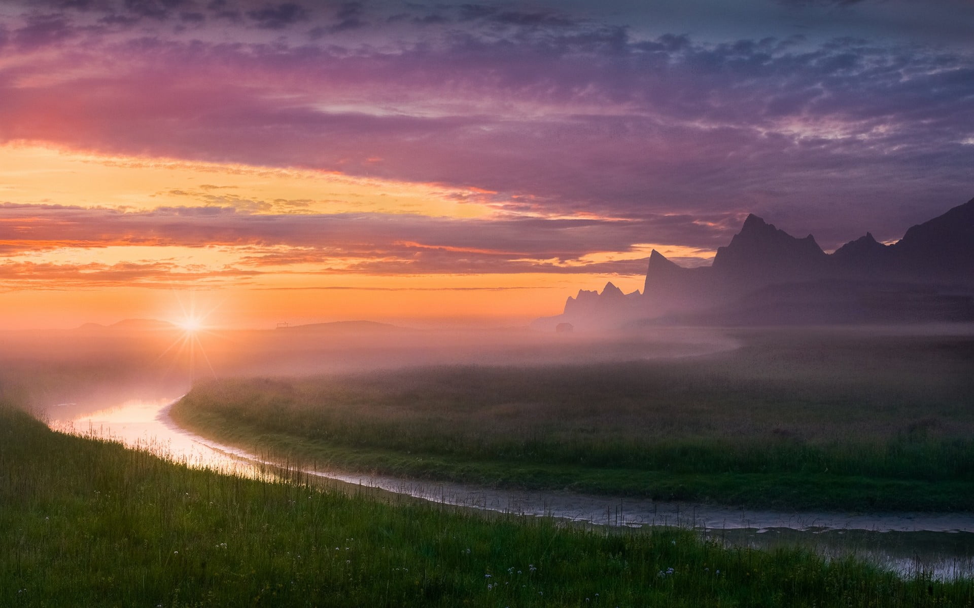 plant, Norway, environment, clouds, summer, sunset, landscape, no people, cloud - sky, nature, fog, Europe, outdoors, river, grass, sky, mist, 1080P, grassfield, HD Wallpaper