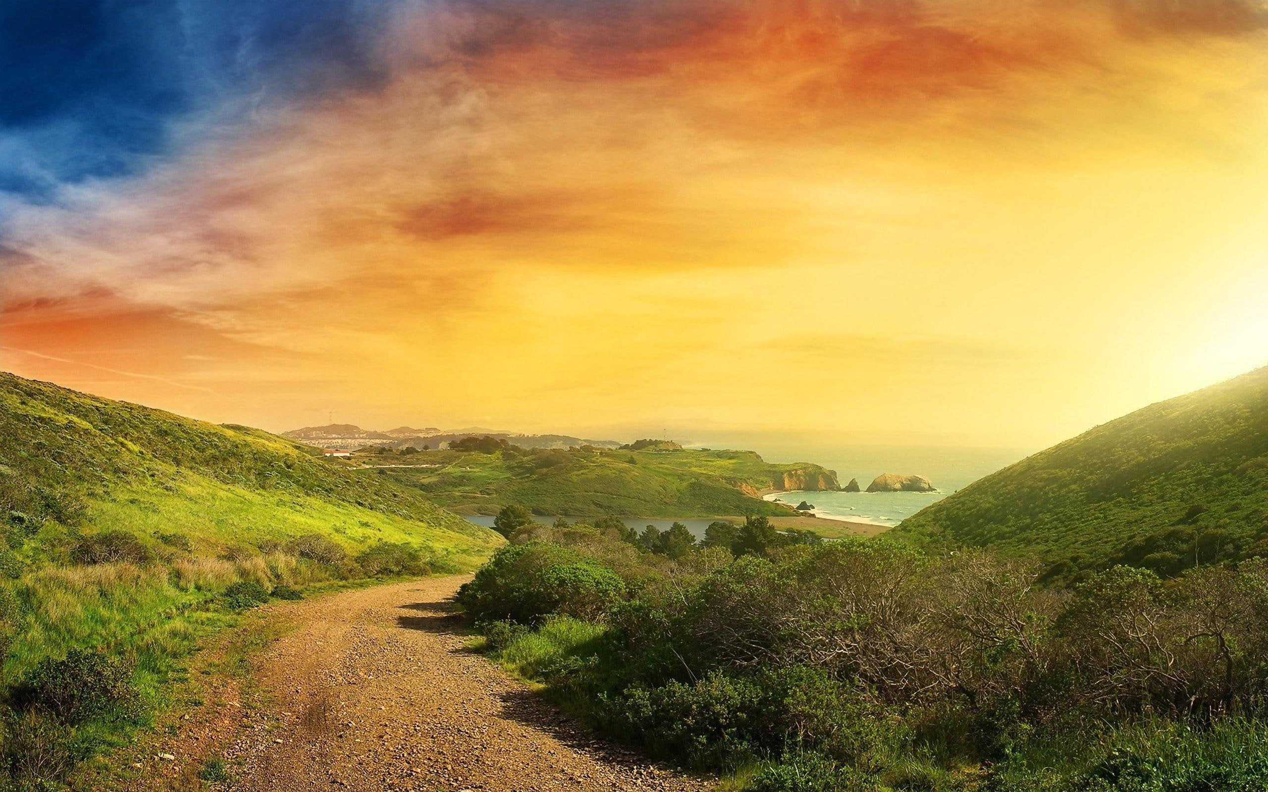 resolution, landscapes, shoreline, 2K, mountains, road, high, grassfield, images, green, HD Wallpaper