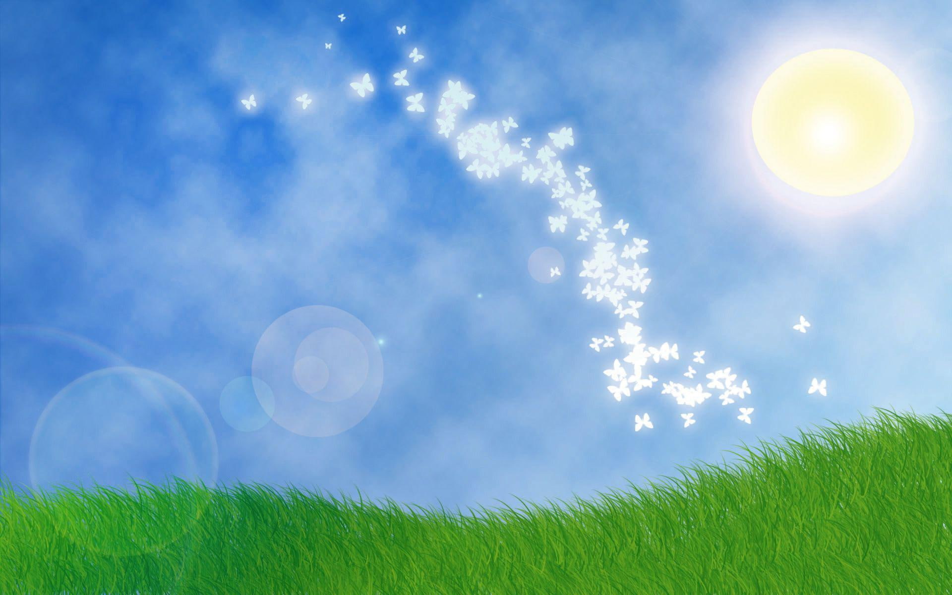 1080P, butterflies, digital art, glowing, grass, grassfield, butterfly, green, 1920x1200, sunlight, HD Wallpaper