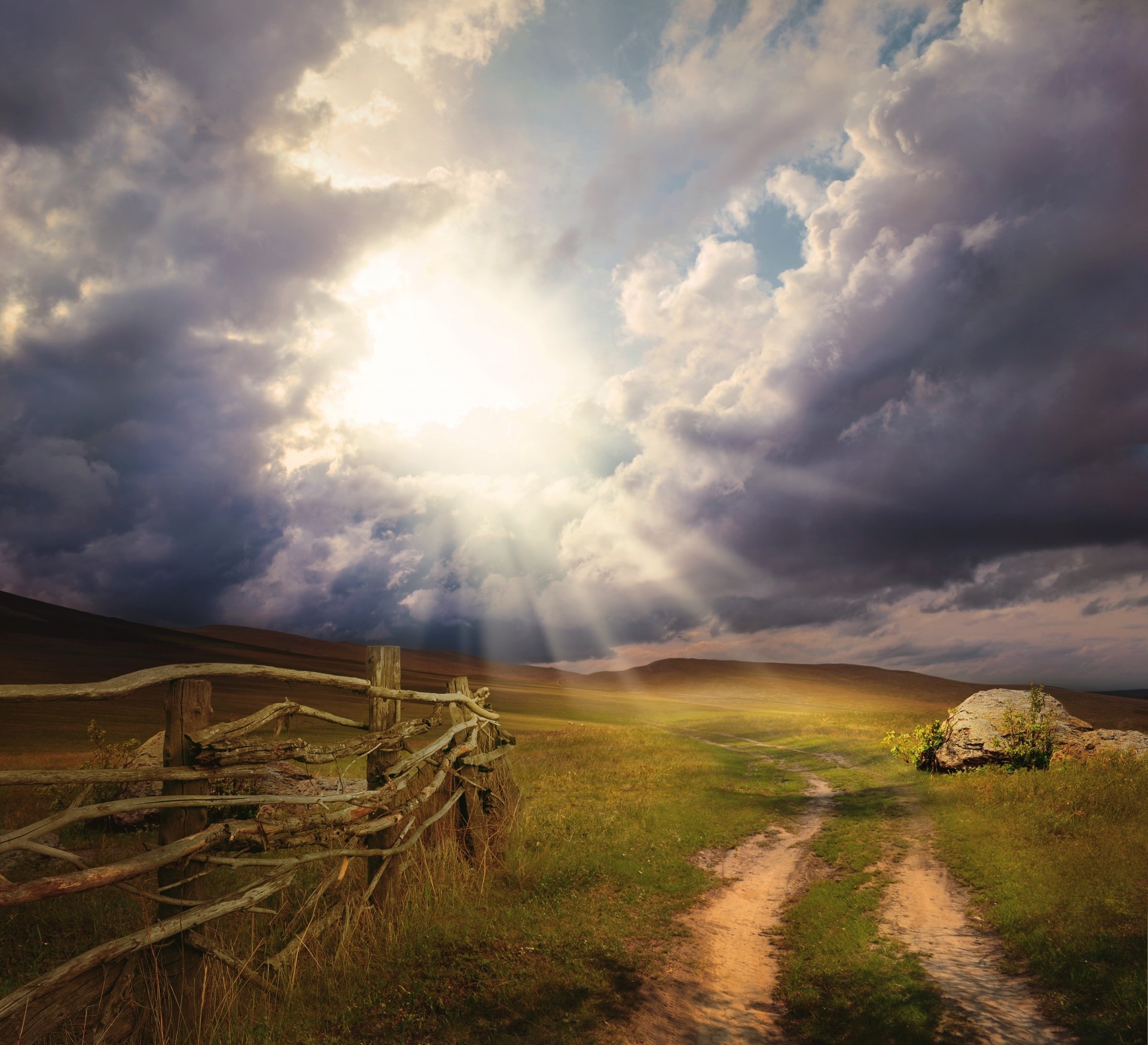 tranquility, grassfield, 1080P, story, cloud - Sky, fantasy, nature, summer, sunlight, cloudscape, tranquil scene, rays, outdoors, clouds, environment, HD Wallpaper