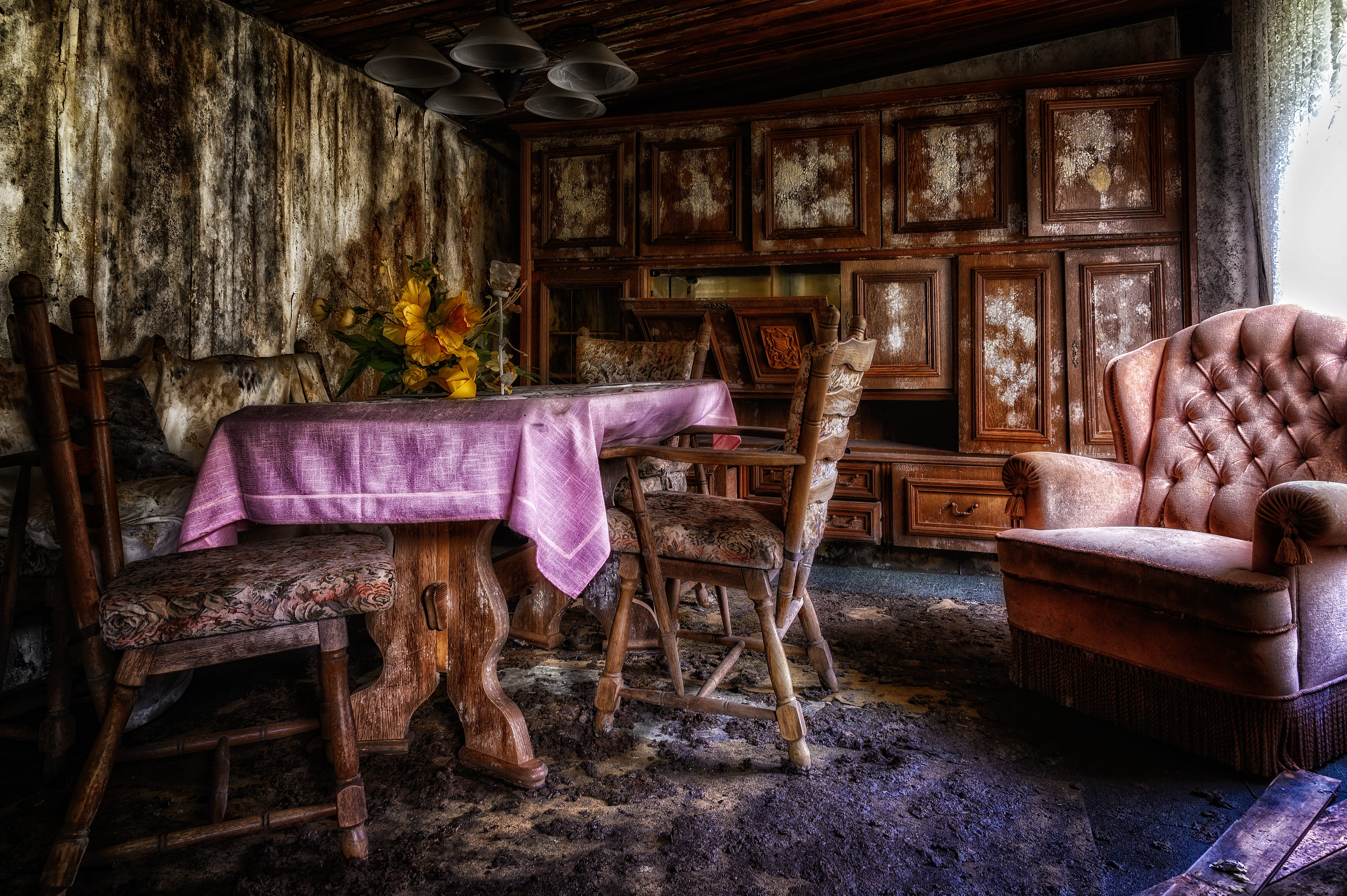 seat, domestic room, old, abandoned, absence, setup, day, shabby, decay, wood - material, architecture, furniture, home interior, building, chair, house, HD Wallpaper