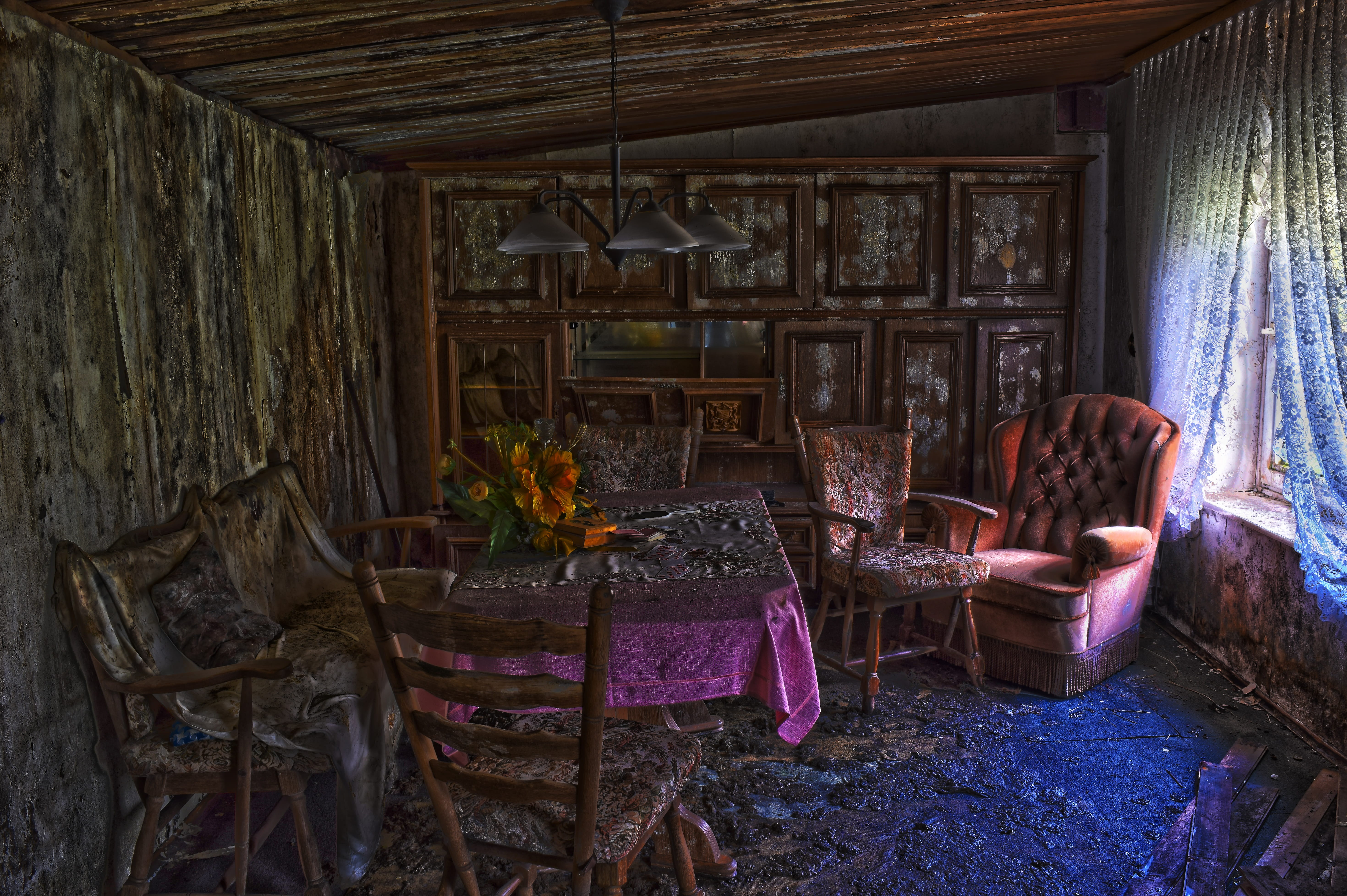building, abandoned, indoors, shabby, wall unit, sofa, gloomy, seat, separate, no people, house, architecture, deterioration, hdr, obsolete, atmosphere, HD Wallpaper
