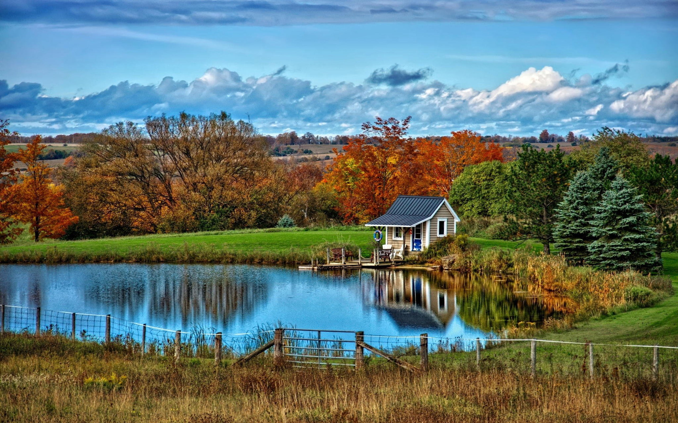 grass, sky, wooden, house, lake, meadow, green, 2K, red, yellow, leaves, desktop, blue, clouds, trees, HD Wallpaper