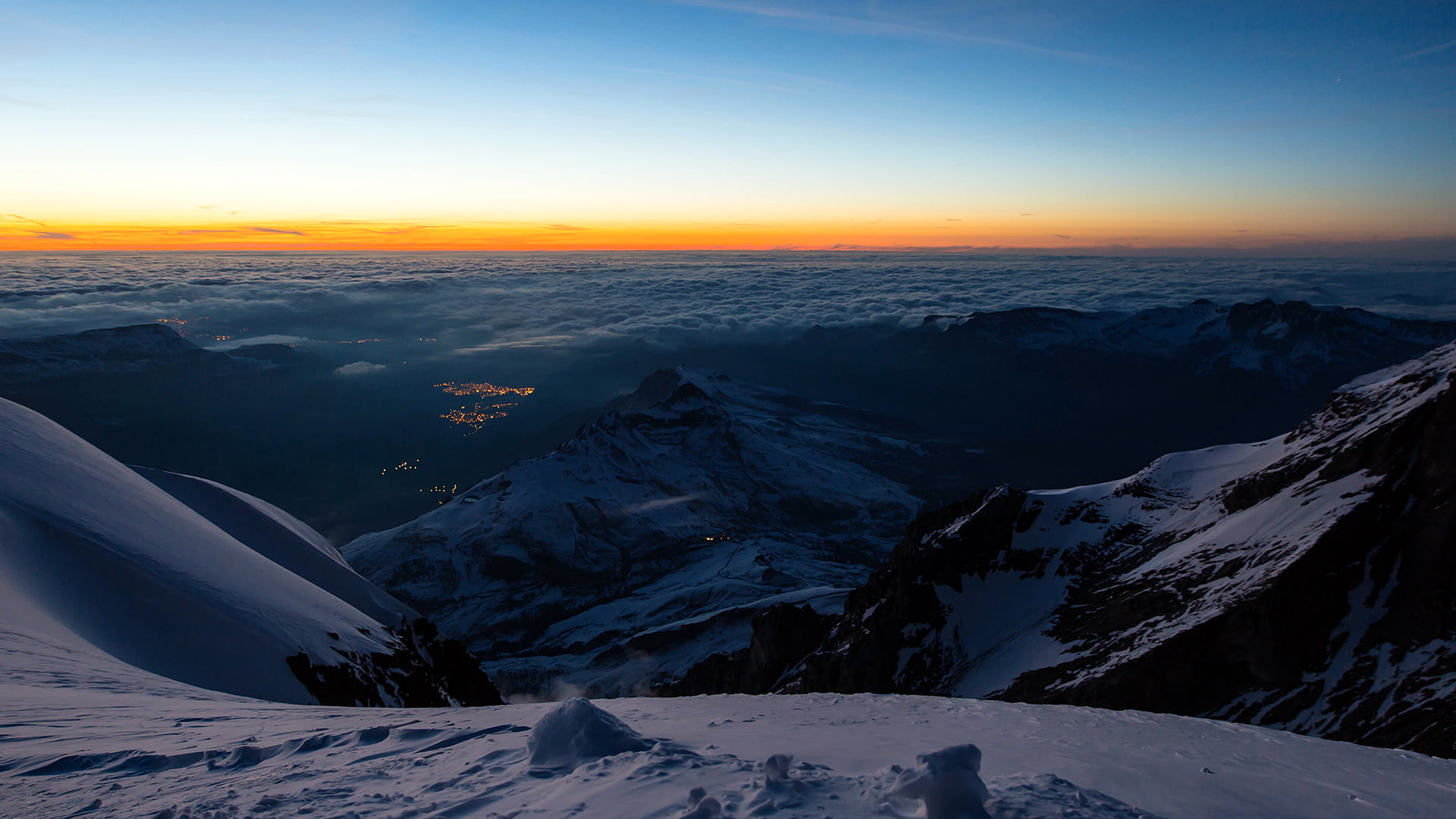 nature, sunset, 1080P, lights, glow, landscape, mountains, environment, beauty in nature, non-urban scene, mountain peak, Switzerland, valley, mountain range, HD Wallpaper
