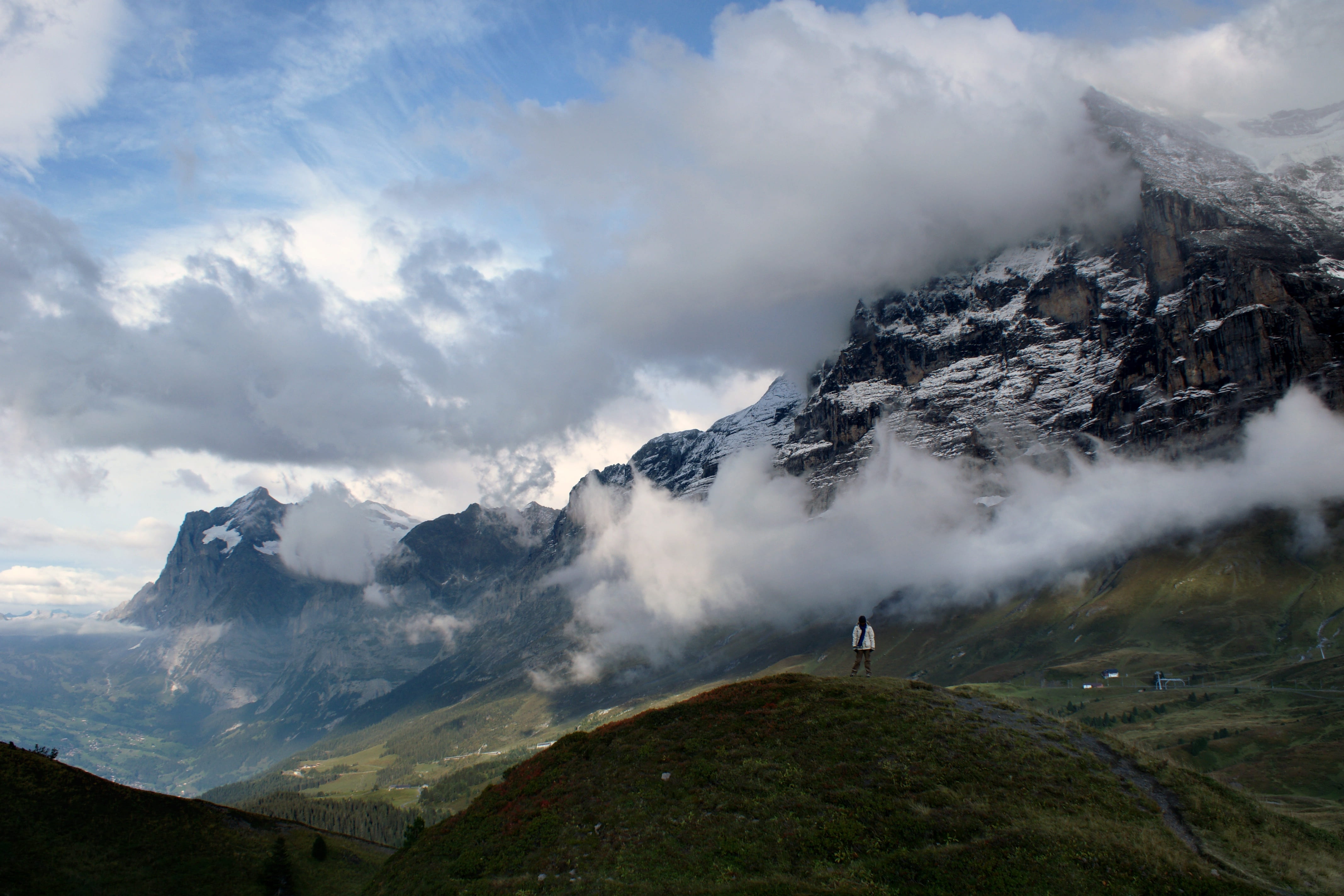 4K, non-urban scene, cloud - sky, outdoors, no people, travel, top, snow, tourist, hiking, small human, nature, alps, cold temperature, summit, swiss, HD Wallpaper