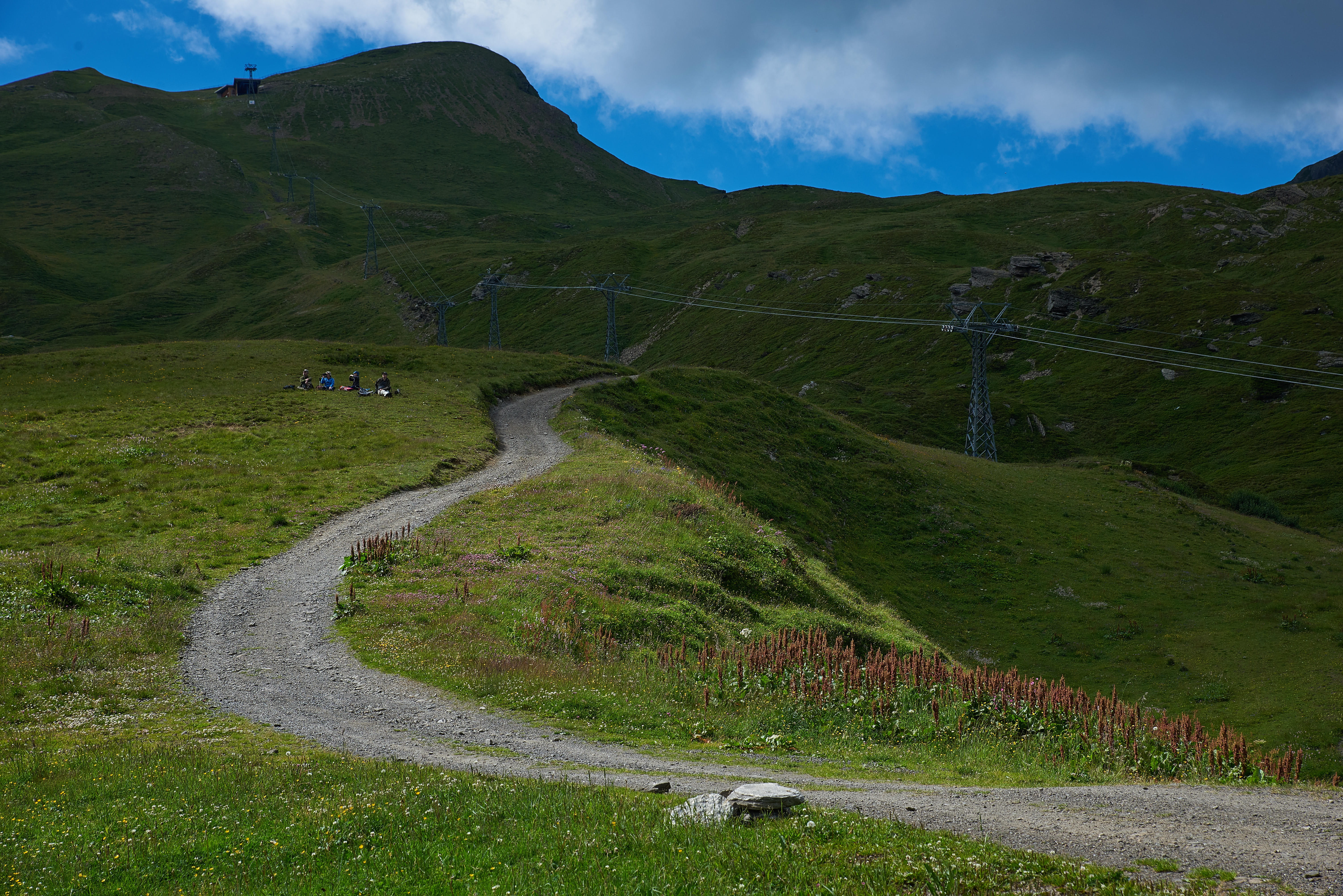 path, transportation, environment, sky, nature, landscape, day, mountain range, picnic, 5K, cloud - sky, switzerland, mountain road, lauterbrunnen, road, HD Wallpaper