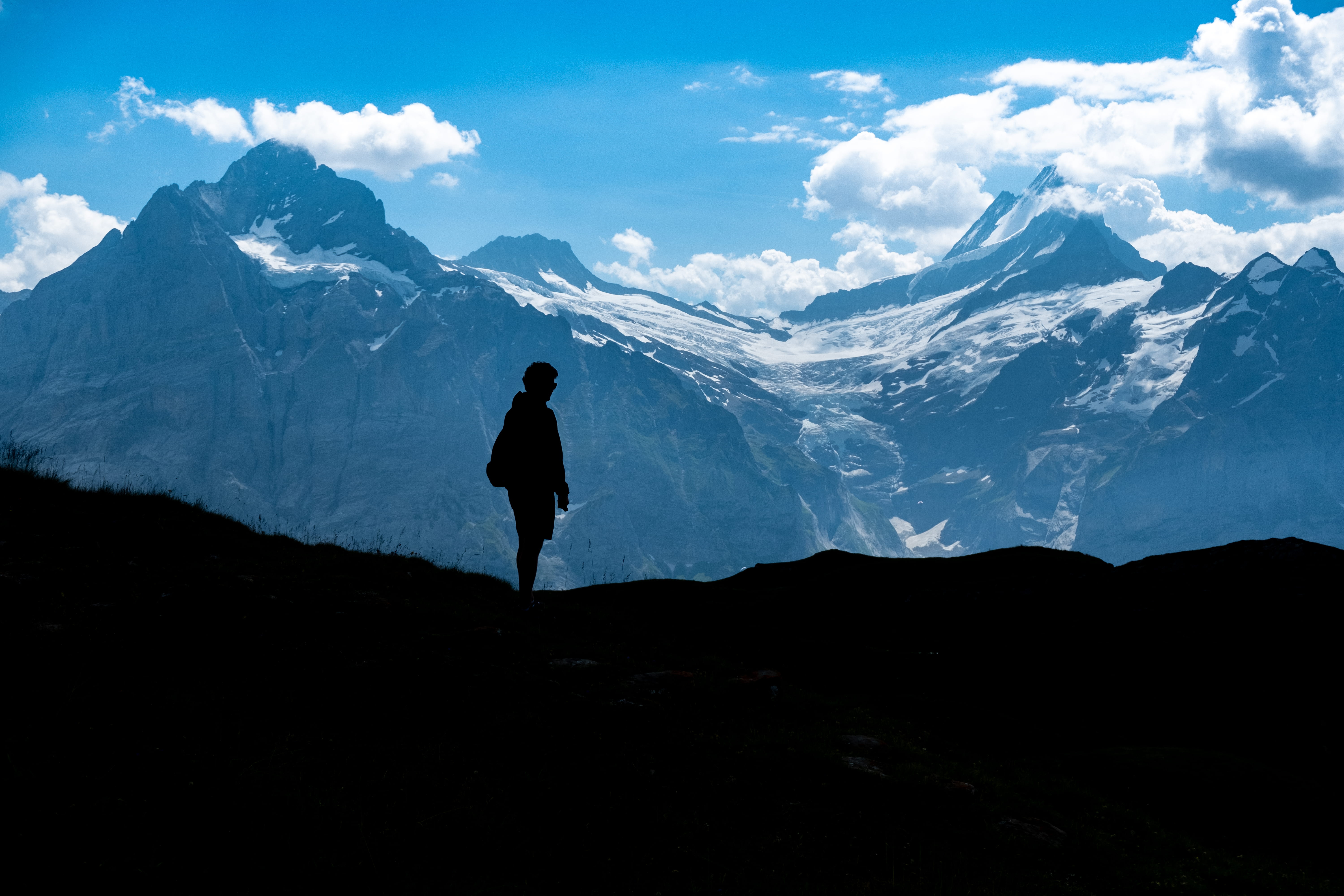 trip, grindelwald, beauty in nature, 5K, mountain, landscape, scenics - nature, leisure activity, mountains, lifestyles, hiking, mountain range, standing, HD Wallpaper