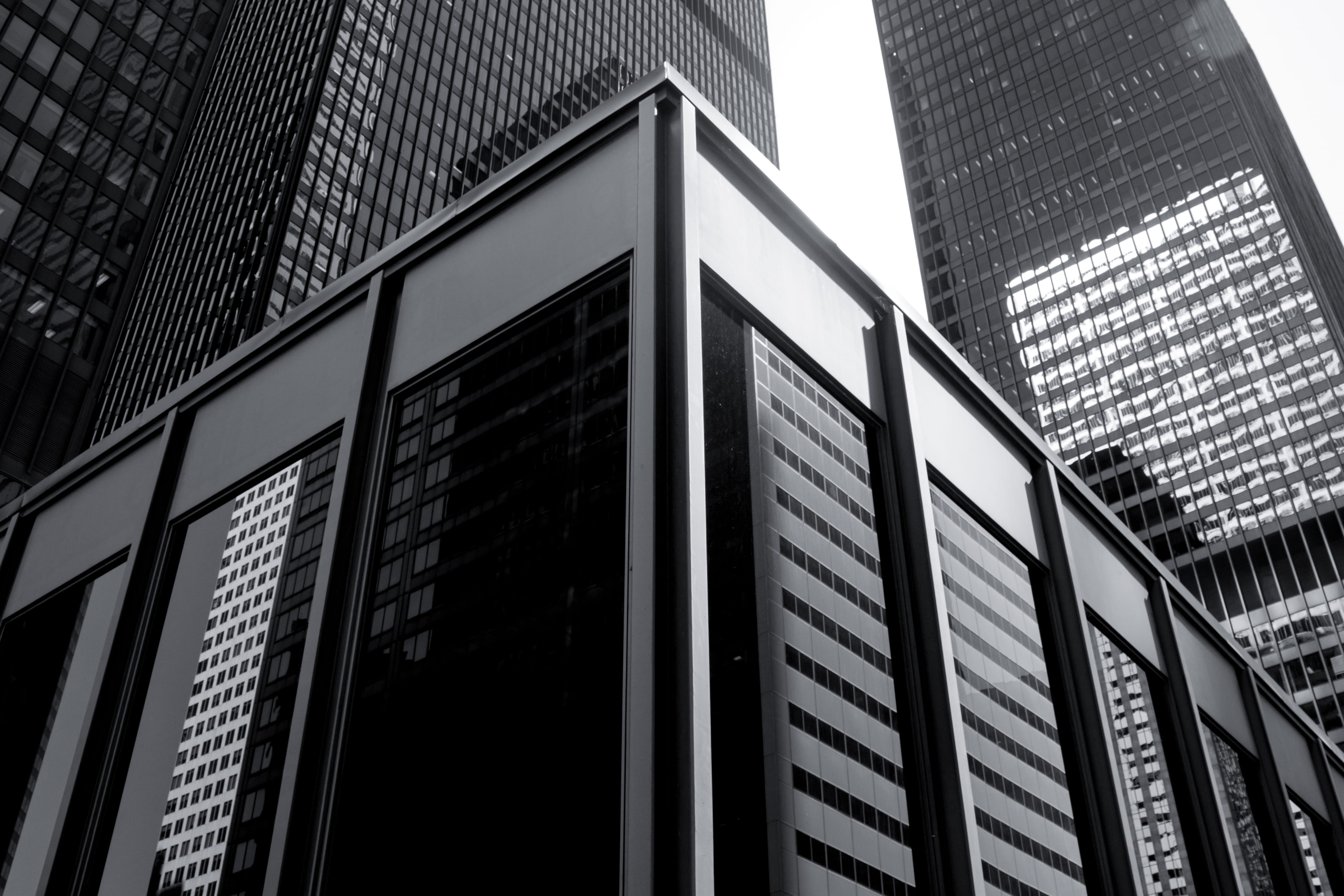 clear sky, modern, city, moody, architechture, built structure, outdoors, no people, sky, dark, office, bw, nature, window, tall - high, toronto, black and white, HD Wallpaper
