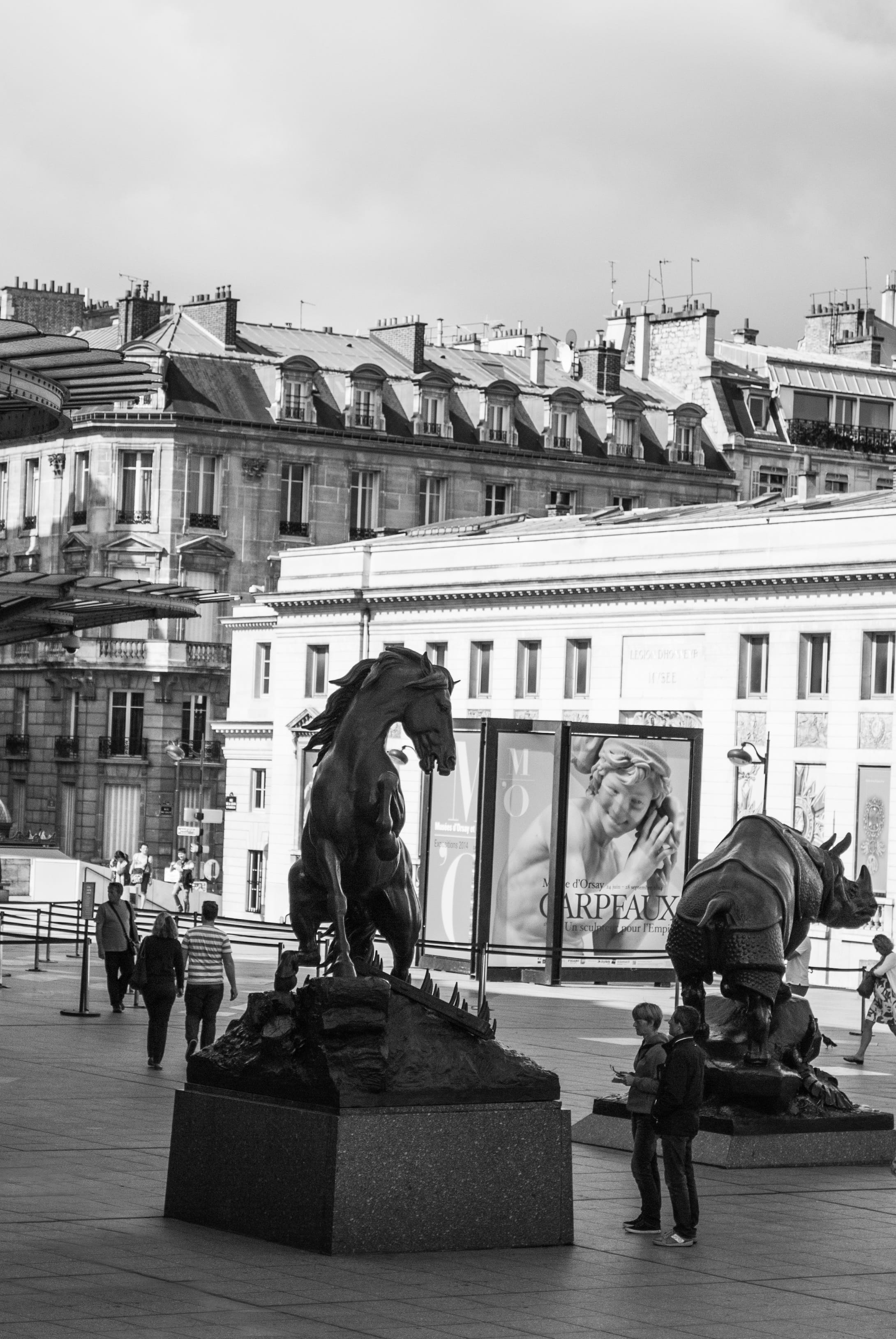 architecture, Square, incidental people, architectural column, rhino, sky, building exterior, human representation, Statues, 2K, black and white, Paris, Phone HD Wallpaper
