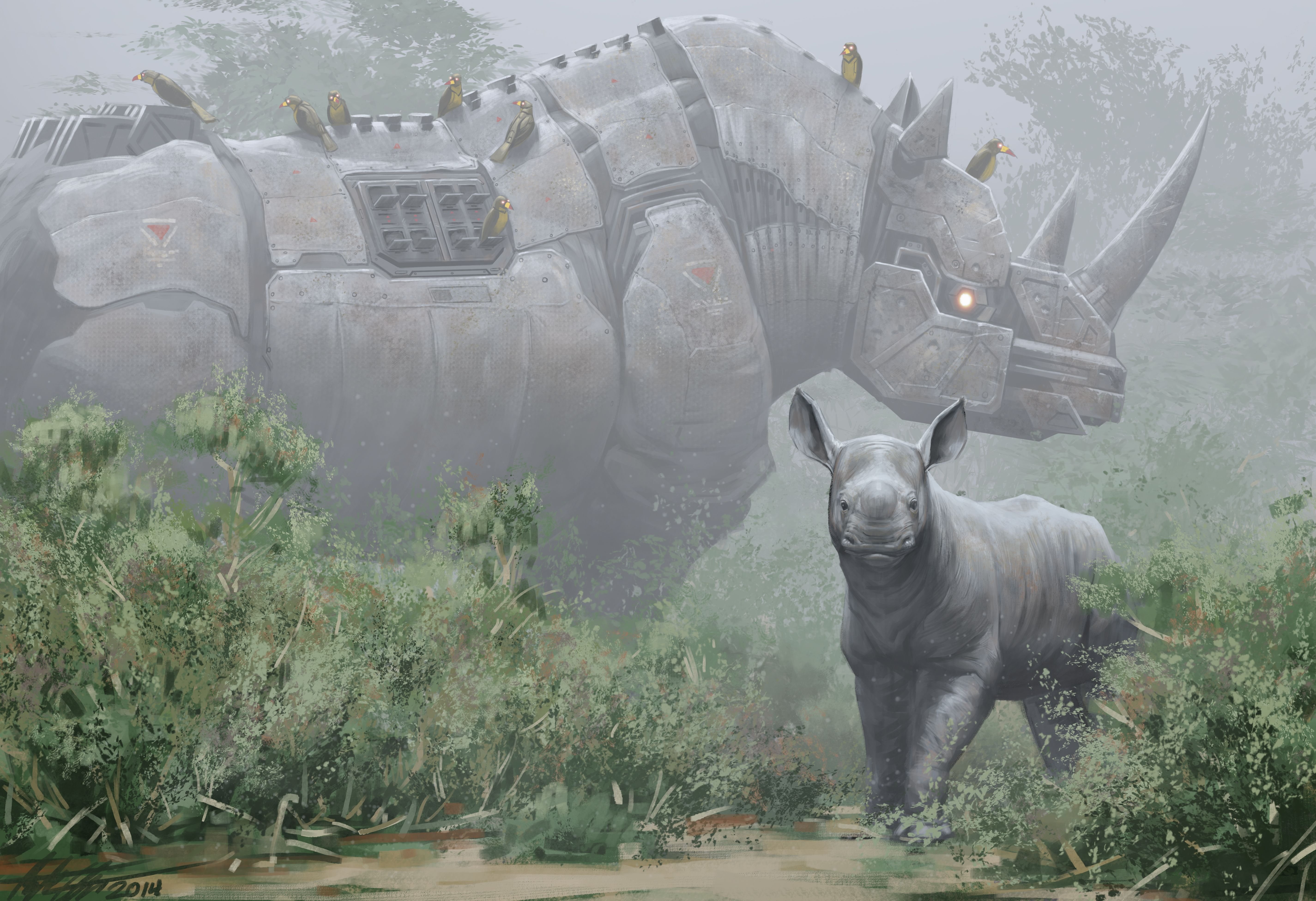 rhino, baby, sci fi, fantasy, rhinoceroses, robot, technics, 5K, HD Wallpaper