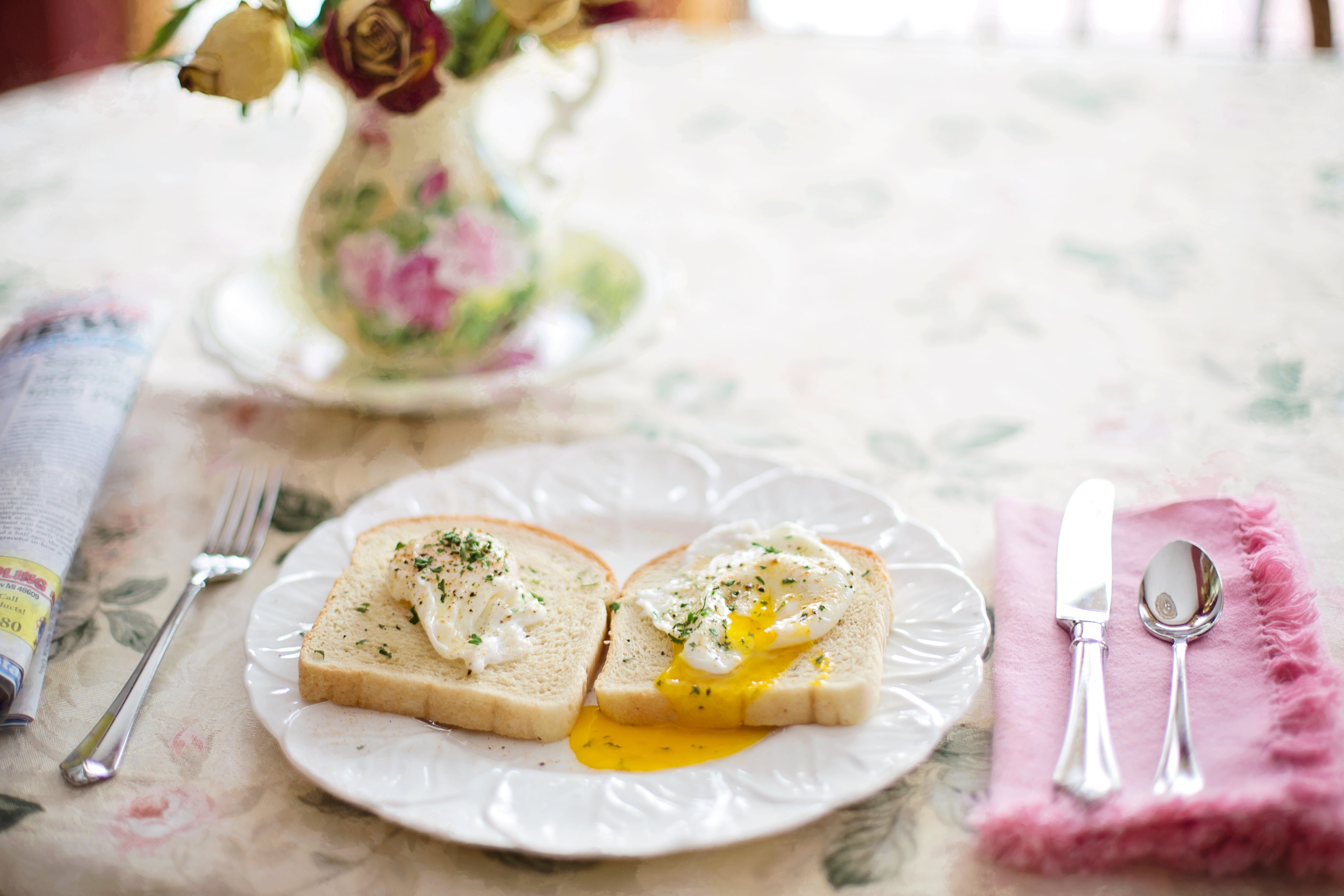 flowering plant, plate, celebration, temptation, healthy eating, healthy, breakfast, food and drink, poached eggs on toast, flower, freshness, fork, meal, HD Wallpaper