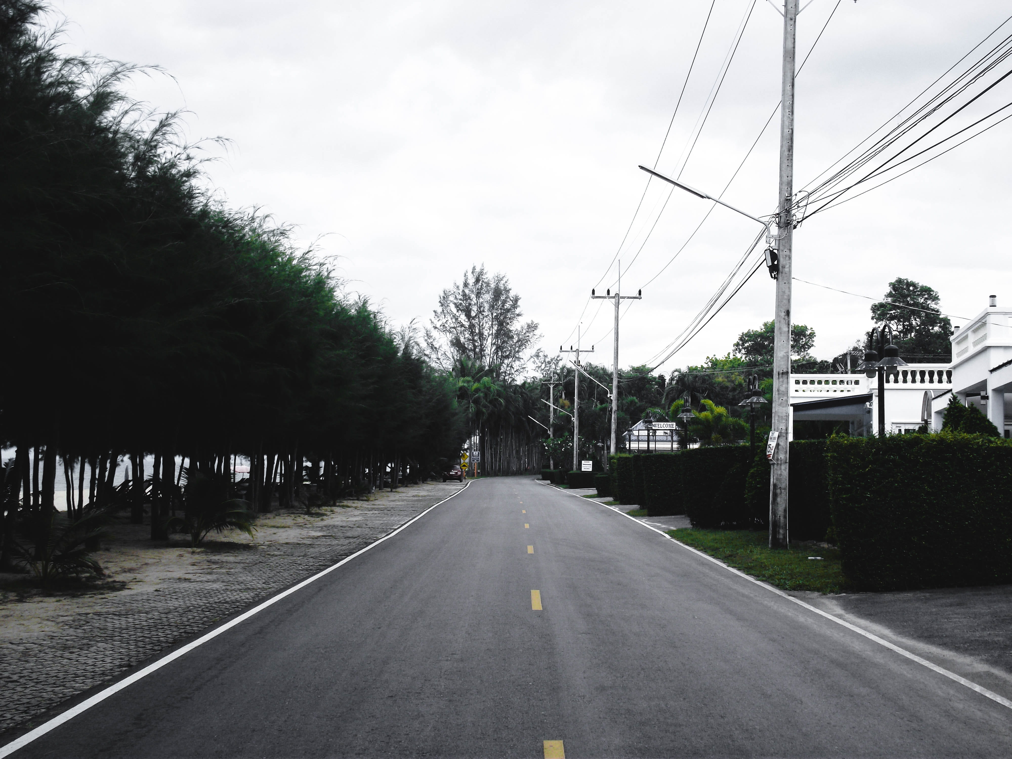 diminishing perspective, plant, power line, marking, direction, nature, connection, power supply, symbol, trees, sky, vanishing point, road, thailand, cable, HD Wallpaper
