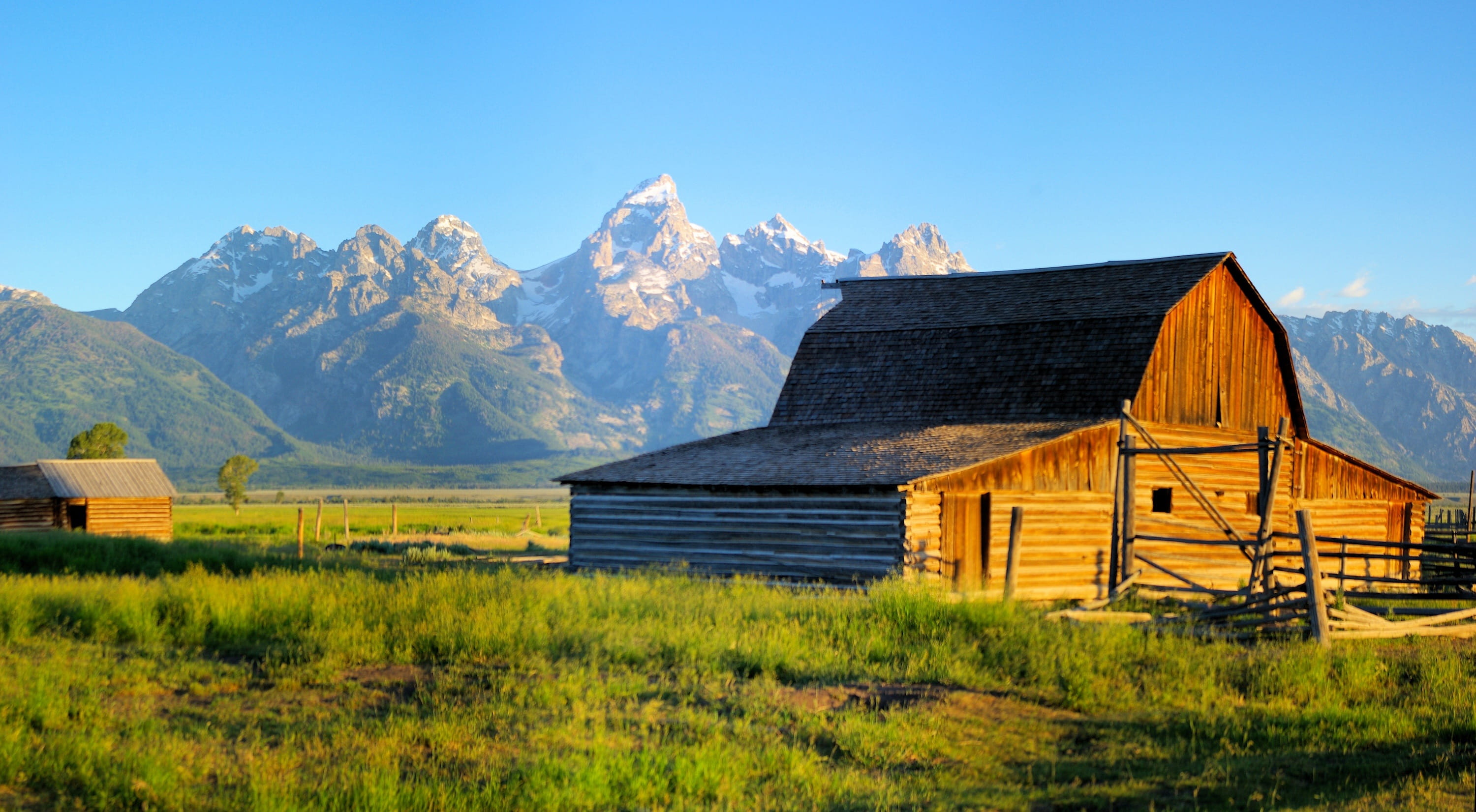 teton, landscape, day, mountain range, scenic, national, wyoming, plant, no people, beauty in nature, mountains, barn, rural scene, park, building, field, HD Wallpaper