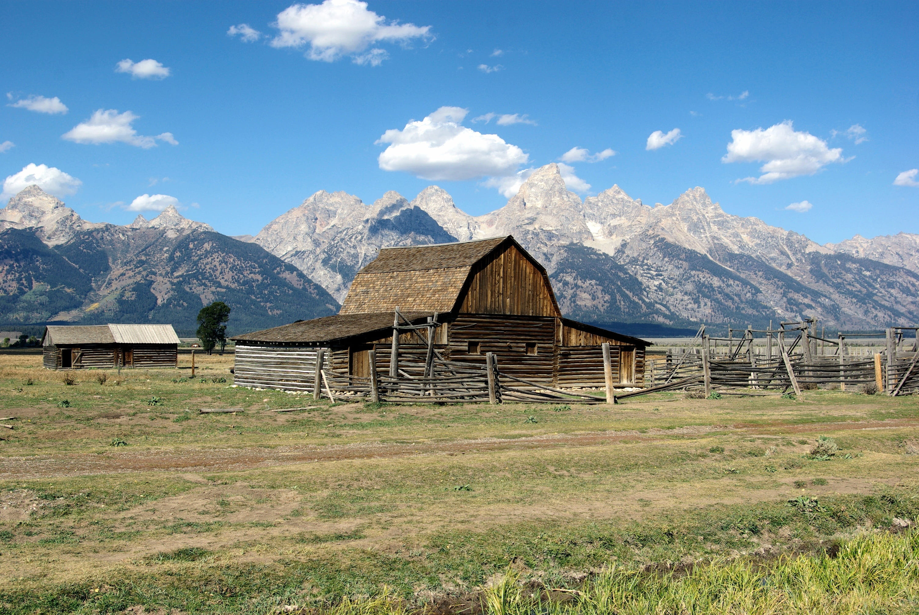 built structure, environment, snowcapped mountain, decay, log, mormon row structures, land, plant, old, nature, national, no people, park, building, building exterior, HD Wallpaper