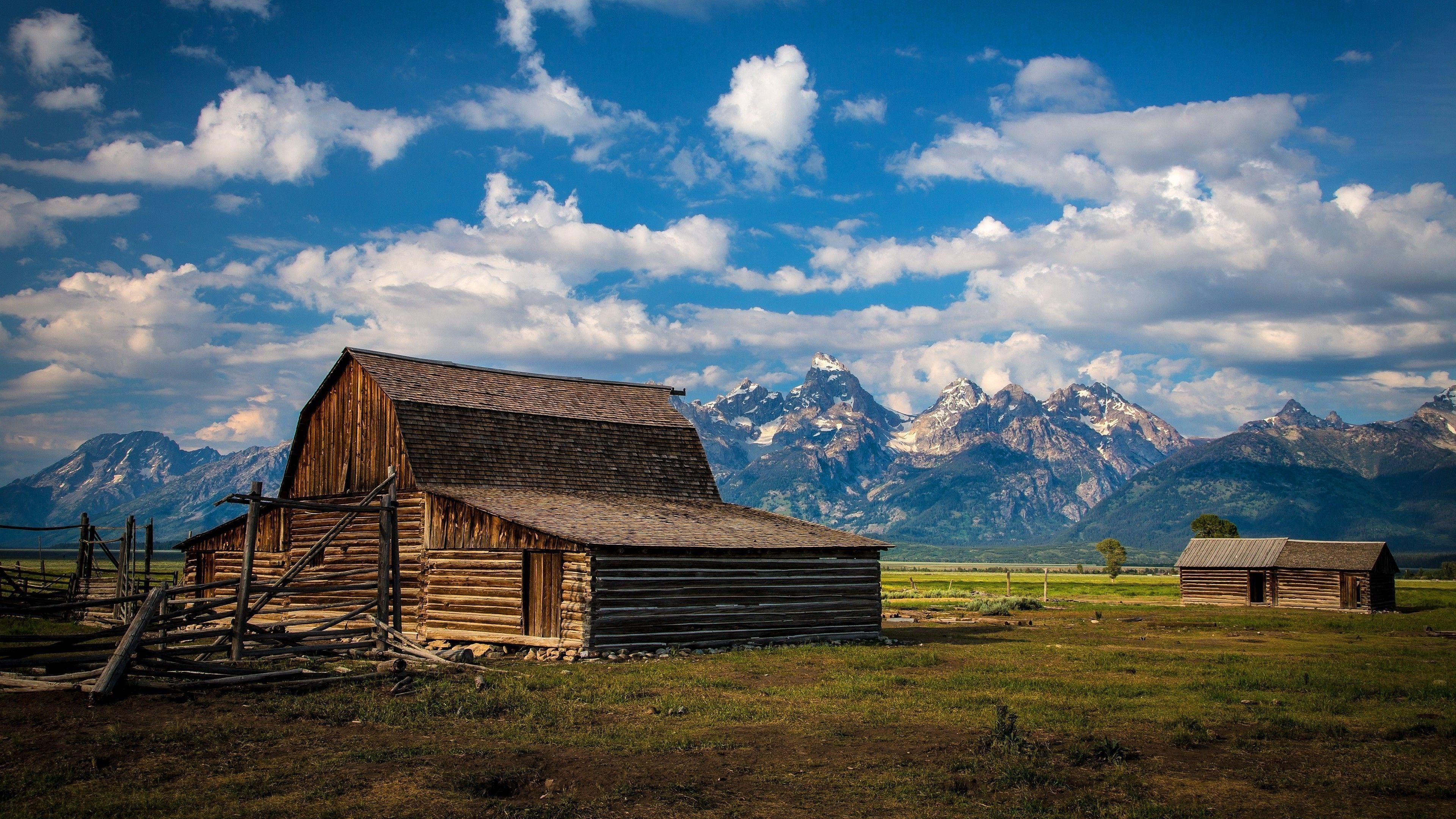 no people, outdoors, environment, built structure, nature, building, 4K, landscape, field, historic, mount scenery, teton range, tranquil scene, land, HD Wallpaper