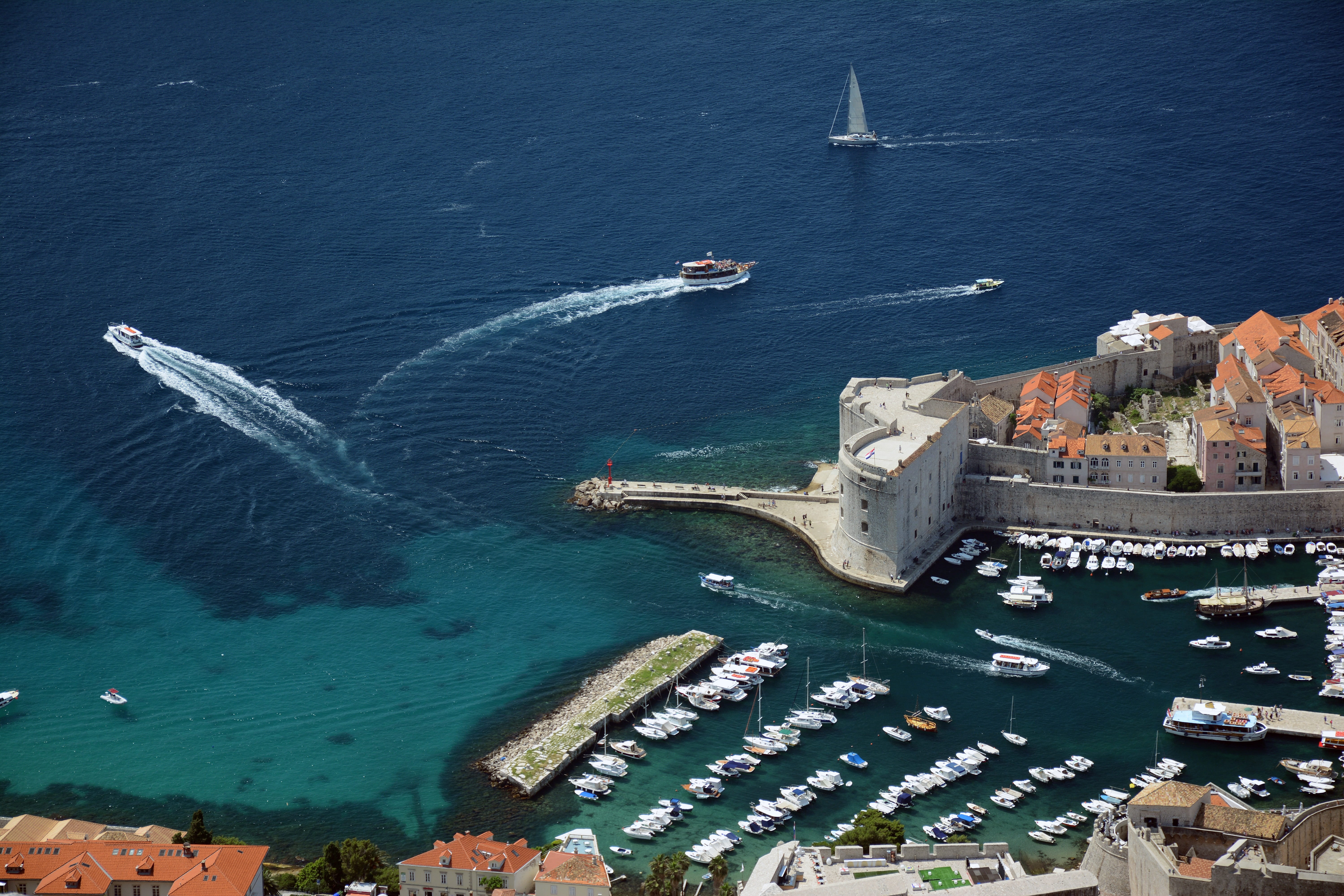 croatia, ship, aerial view, water, travel destinations, boat, sea, no people, building exterior, 5K, adriatic, nature, connection, day, nautical vessel, HD Wallpaper