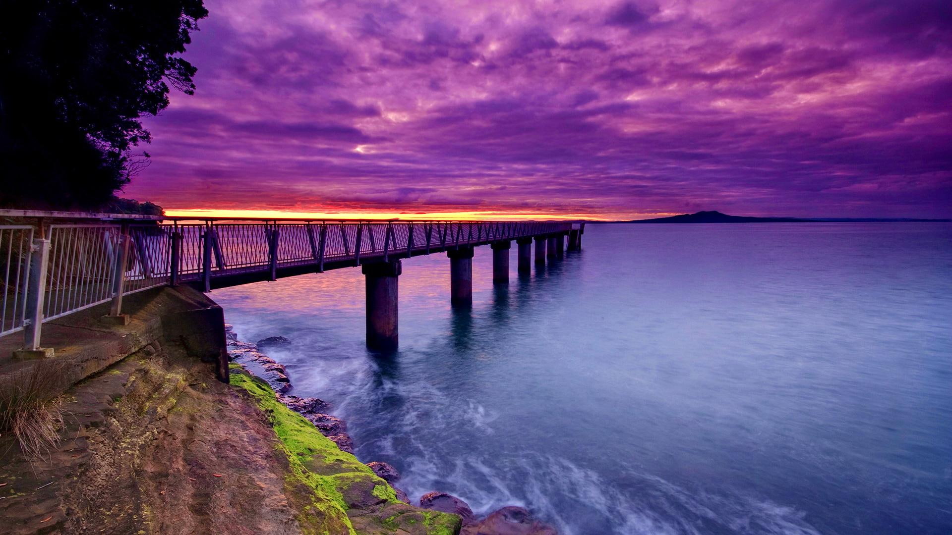 lovely, purple, colorful, dock, nice, waves, bridge, sands, sea, beautiful, ocean, romantic, shore, 1080P, sunrise, sunset, dawn, concrete, HD Wallpaper