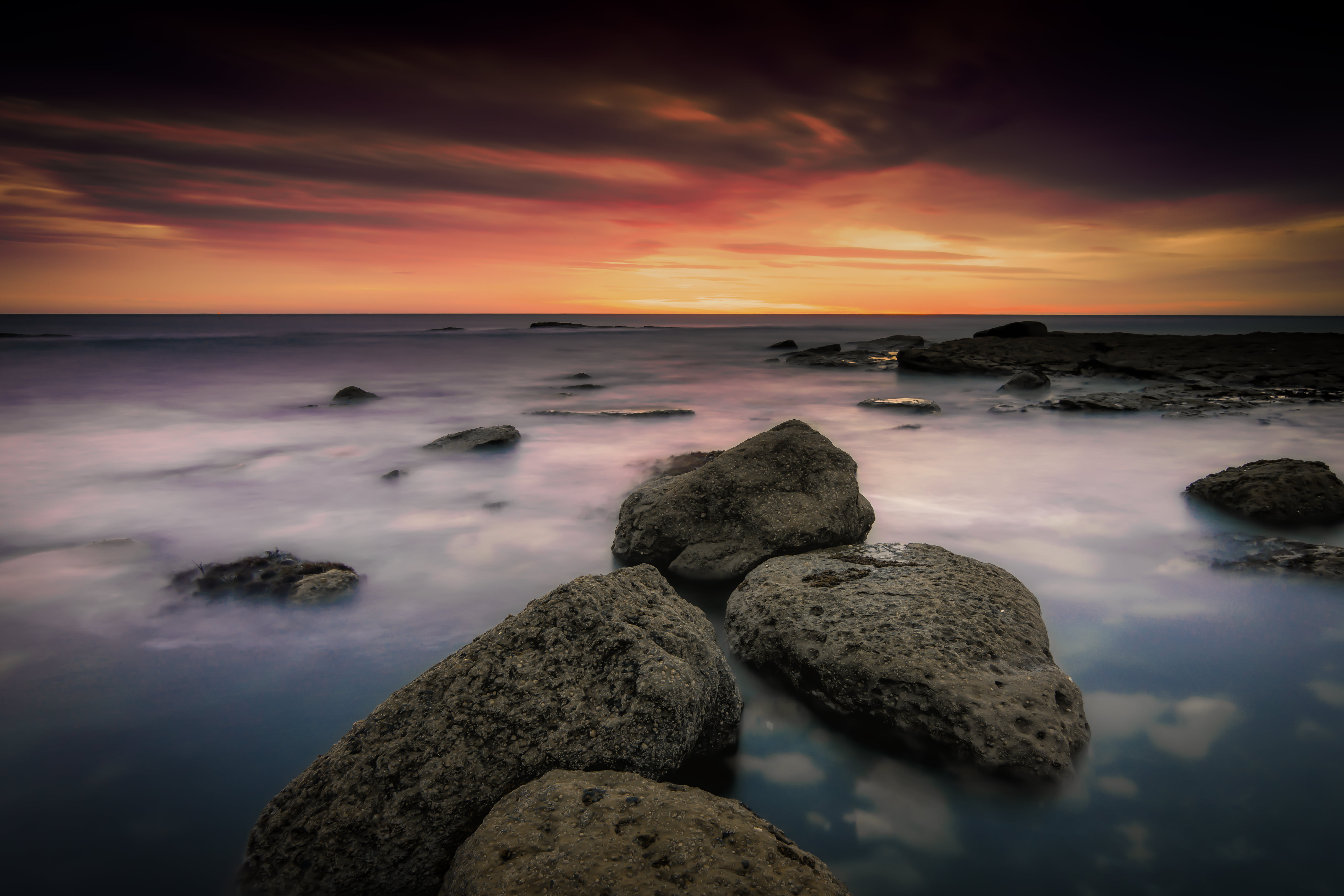 sunrise, reflection, wave, landscape, sea of clouds, dawn, coast, sea, rock - Object, filey  brigg, stone - Object, clouds, jones, sky, scenics, 5K, explored, HD Wallpaper