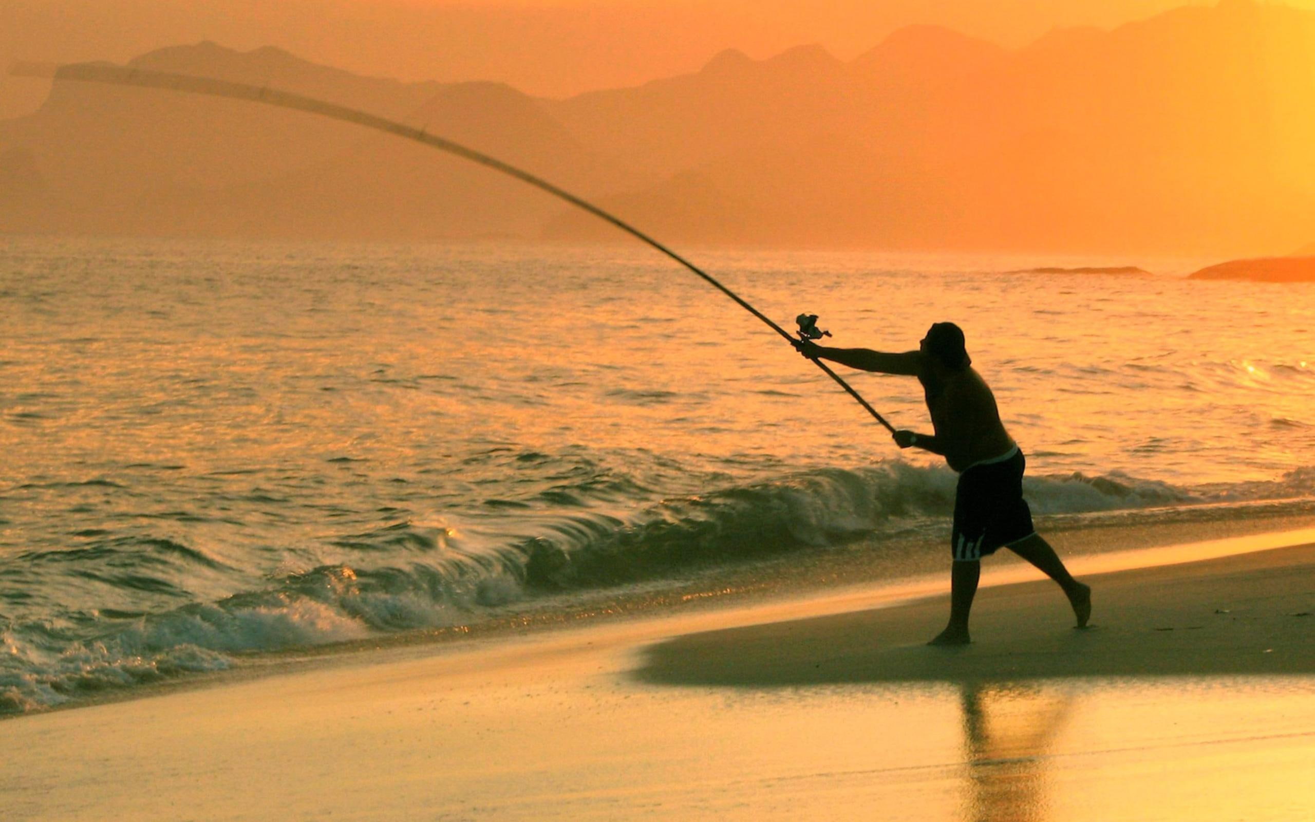 summer, 3d and abstra, sunset, nature, coastline, coast, rod, sunrise, beautiful, ocean, male, using, beach, activities, painting, 2K, fishing, HD Wallpaper