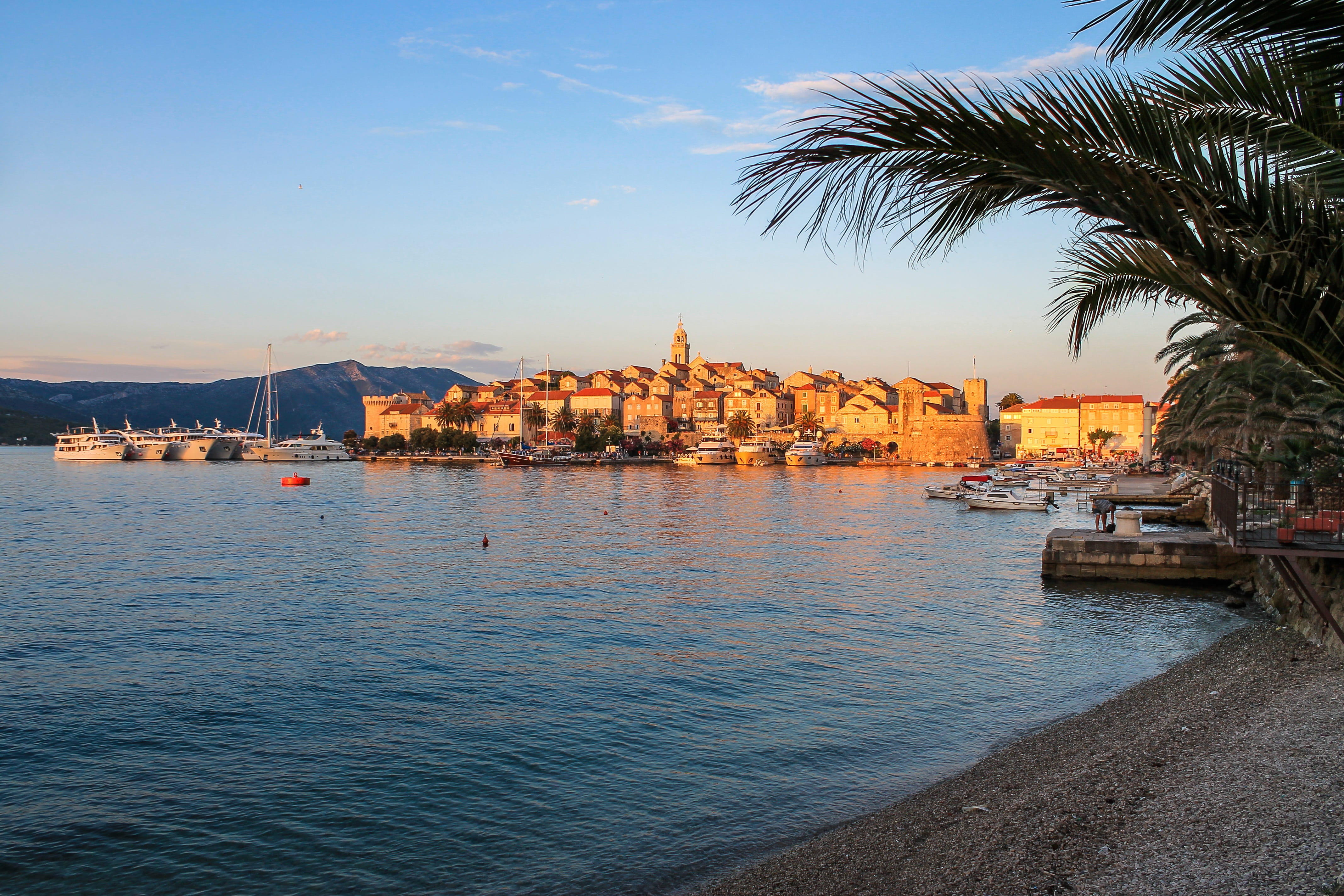 korcula, ancient, transportation, beach, architecture, travel destinations, waterfront, fort, scenery, outdoors, palm tree, europe, sailboat, ocean, summer, HD Wallpaper