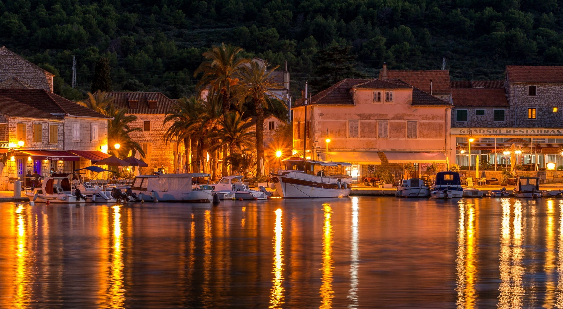 Travel, nautical vessel, water, reflection, mode of transportation, Holidays, tree, nature, canal, Town, Evening, Croatia, no people, Lights, passenger craft, HD Wallpaper