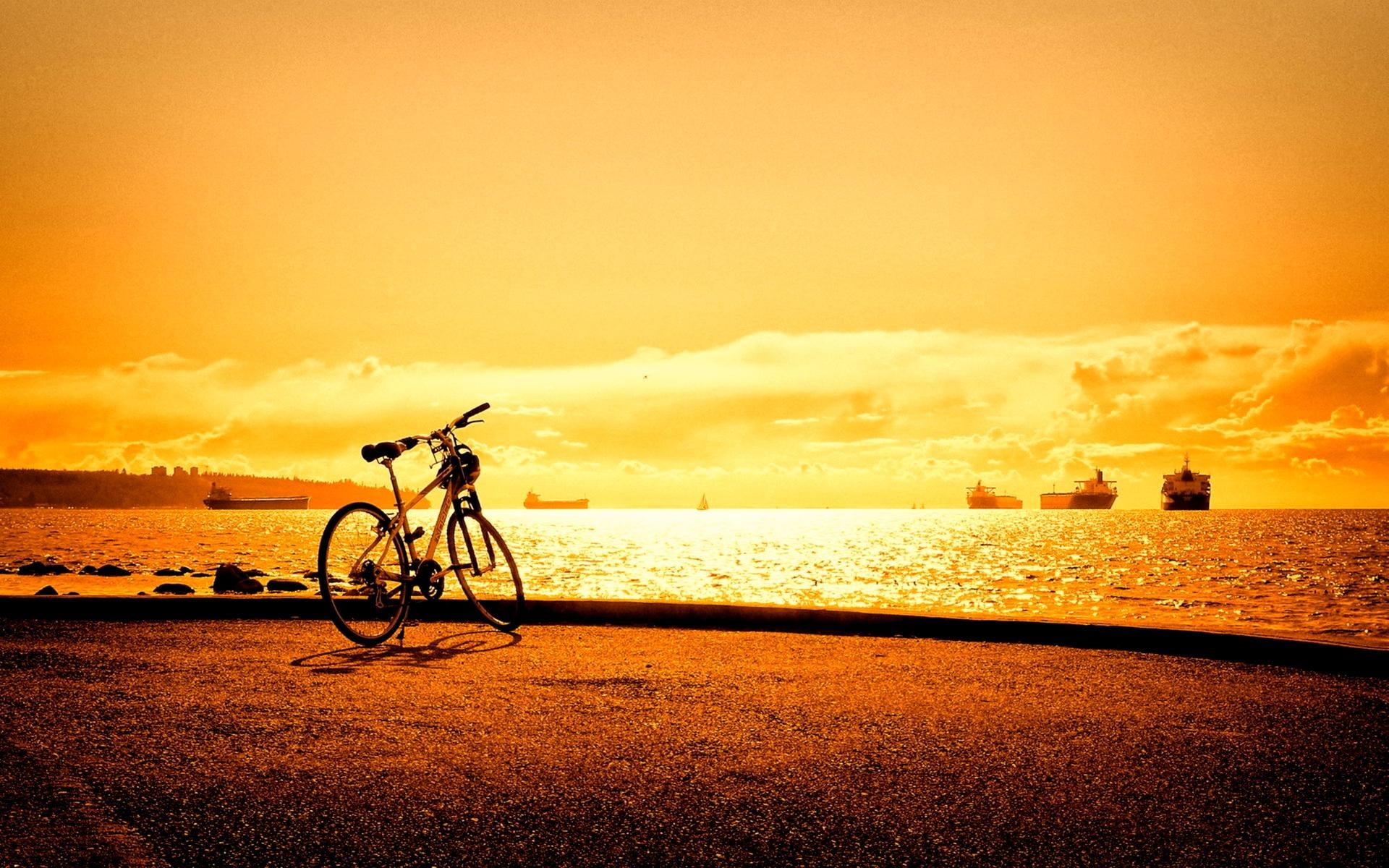 the sea, nature and landscapes, ships, bicycles, pier, sunset, bicycle, parked, 1080P, HD Wallpaper