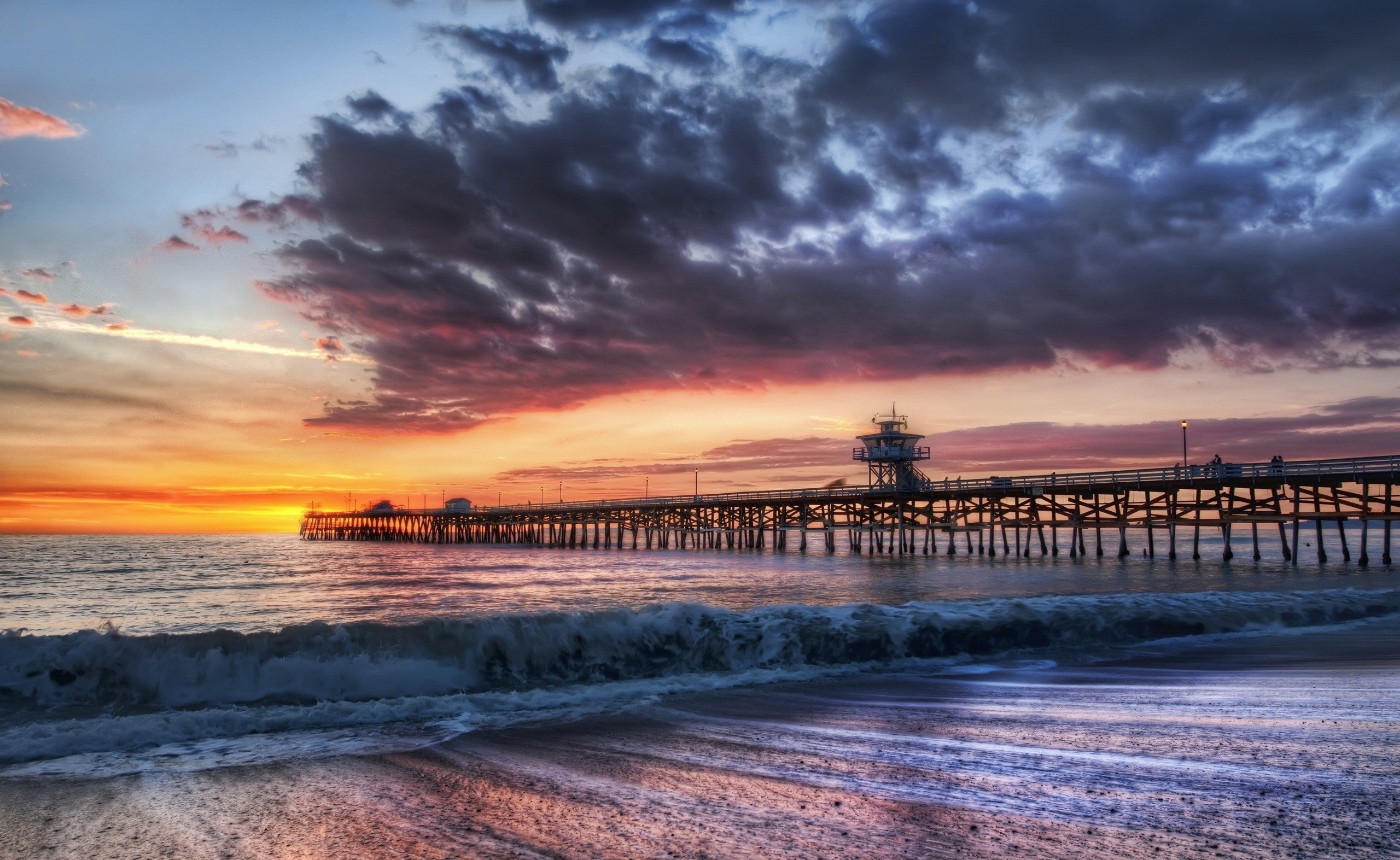 cloud - sky, scenics - nature, Nature, tranquil scene, Sunset, waves, san clemente, horizon, land, no people, Beach, ocean, water, architecture, outdoors, HD Wallpaper