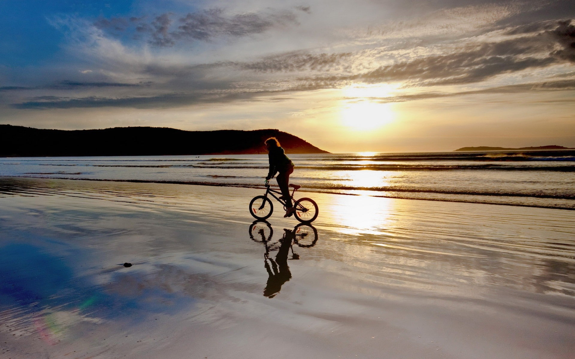 reflection, nature, bicycle, ocean, hd, sunset, beach, 1080P, HD Wallpaper