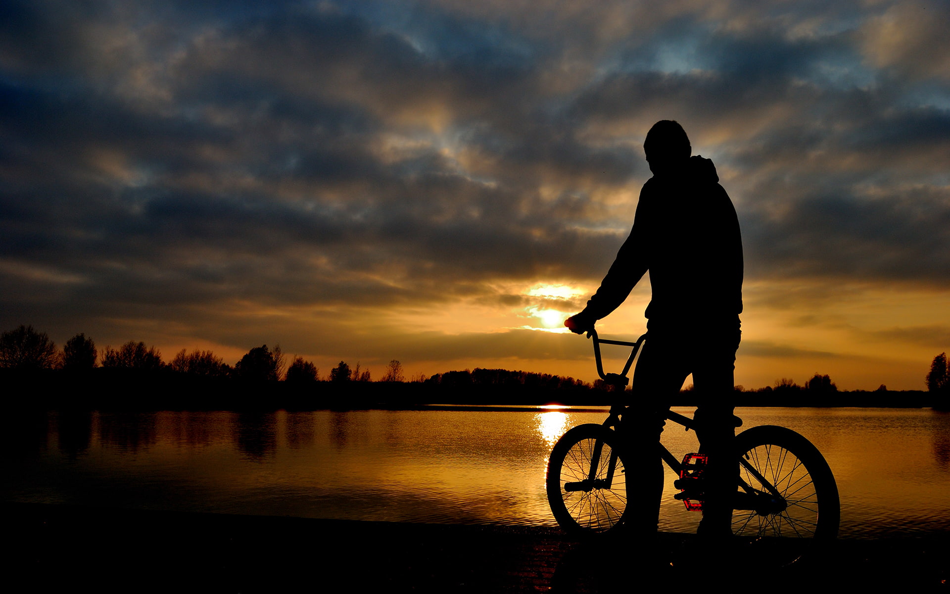 sunset, hd, illustration, bicycle, lake, 1080P, silhouette, man, nature, HD Wallpaper